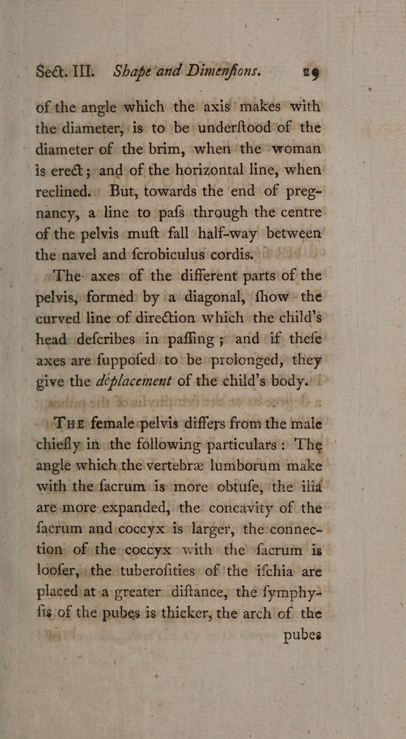 - of the angle which the axis’ makes ‘with the diameter, is: to be underftood of the - diameter of the brim, when the woman is erect ;~and of the horizontal line, when reclined. ' But, towards the end of preg- nancy, a line to pafs through the centre. of the pelvis muft fall half-way between the navel and fcrobiculus cordis; “The: axes: of the different parts of the pelvis, formed: by a diagonal, fhow the curved line of direétion which the child’s head: defcribes in pafling ; and if thefe axes are fuppofed to be prolonged, ‘they give the pee vens of the child’s ylang ‘Tue Seen seliiid differs from the bli : chiefly: in the following particulars: The angle which the vertebra lumborum make - with the facrum is more obtufe, the ilid are more expanded, the concavity of the facrum and coccyx is larger, the:connec- tion of the coccyx with the -facrum is loofer, the tuberofities of ‘the ifchia are placed at.a greater diftance, the fymphy- fis of the pubes is thicker, the arch of the pubes