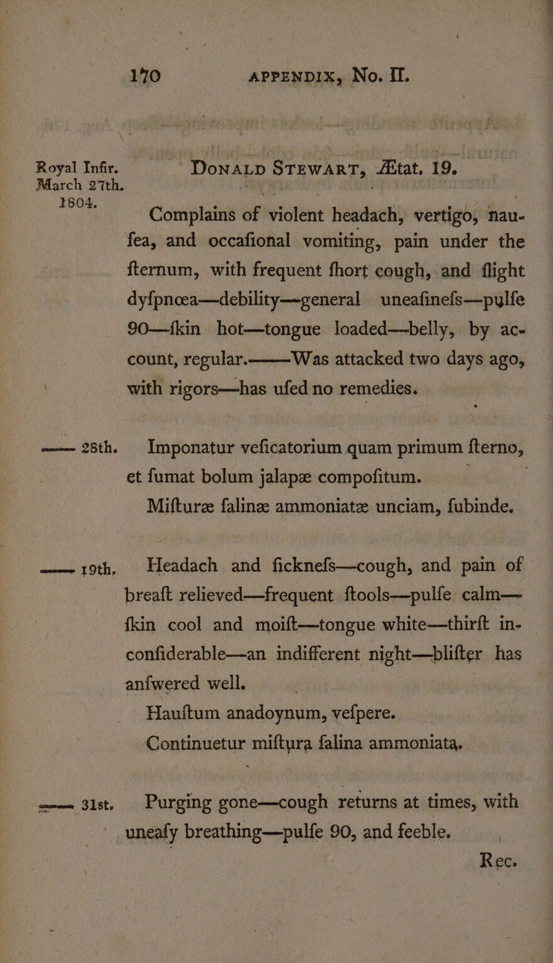 Royal Infr, DonaLp STEWART, <Aitat. 19. - 1804, F iis scaling Complains of violent headach, vertigo, nau- fea, and occafional vomiting, pain under the fternum, with frequent fhort cough, and flight dyfpnoea—debility—-general _ uneafinefs—pylfe 90—ikin hot—tongue loaded—belly, by ac- ‘Was attacked two days ago, count, regular. | with rigors—has ufed no remedies. -——- 28th. Imponatur veficatorium quam primum fterno, et {umat bolum jalapze compofitum. ; . Mifture falinsee ammoniate unciam, fubinde. —— 19th. Headach and ficknefs—cough, and pain of breaft relieved —frequent ftools—pulfe calm— fkin cool and moift—tongue white—thirft in- confiderable—an indifferent night—blifter has anfwered well. . 3 Hauftum anadoynum, vefpere. Continuetur miftura falina ammoniata,. poste Purging gone—cough returns at times, with uneafy breathing—pulfe 90, and feeble, Ree.
