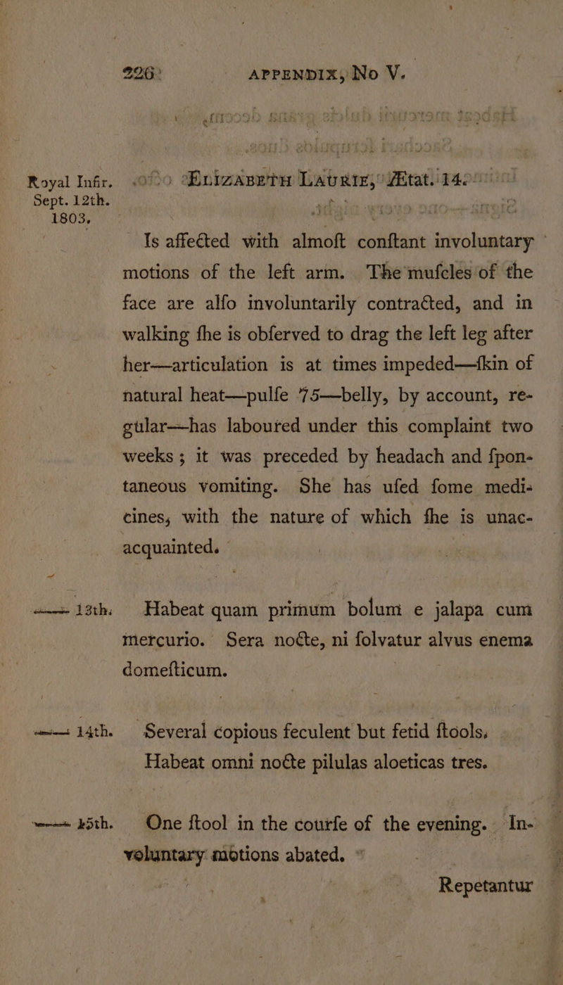 wwe 4 Royal Infr. .0°0 Bulzasety Laver; fitat. 000% Sept. 12th. uae ai) | i 1803. Is affected with almoft conftant involuntary ~ motions of the left arm. The mufcles of the face are alfo mvoluntarily contracted, and in walking fhe is obferved to drag the left leg after her—articulation is at times impeded—kin of natural heat—pulfe 75—belly, by account, re- gular—has laboured under this complaint two weeks ; it was preceded by headach and fpon- taneous vomiting. She has ufed fome medi- cines, with the nature of which fhe is unac- acquainted. — | a+ isth, Habeat quam primum bolum e jalapa cum mercurio. Sera noéte, ni folvatur alvus enema domefticum. Bia i 14th. Several copious feculent but fetid {tools Habeat omni noéte pilulas aloeticas tres. w+ 25th. One ftool in the courfe of the evening. In- voluntary motions abated. “ : Repetantur »