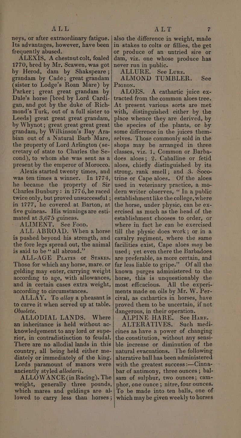 ALL neys, or after extraordinary fatigue. Its advantages, however, have been frequently abused. ALEXIS. A chestnut colt, foaled 1770, bred by Mr. Scawen, was got by Herod, dam by Shakspeare ; (sister to Lodge’s Roan Mare) by Parker; great great grandam by Dale’s horse [bred by Lord Cardi- gan, and got by the duke of Rich- mond’s Turk, out of a full sister to Leeds] great great great grandam, by Whynot; great great great great grandam, by Wilkinson’s Bay Ara- bian out of a Natural Barb Mare, the property of Lord Arlington (se- cretary of state to Charles the Se- cond), to whom she was sent as a present by the emperor of Morocco. Alexis started twenty times, and was ten times a winner. In 1774, he became the property of Sir Charles Bunbury : in 1776, he raced twice only, but proved unsuccessful ; in 1777, he covered at Barton, at five guineas. His winnings are esti- mated at 3,675 guineas. ALIMENT. See Foon. ALL ABROAD. When a horse is pushed beyond his strength, and the fore legs spread out, the animal is said to be “all abroad.” ALL-AGE Puares or Sraxes. Those for which any horse, mare, or gelding may enter, carrying weight according to age, with allowances, and in certain cases extra weight, according to circumstances. ALLAY. To allay a pheasant is to carve it when served up at table. Obsolete. ALLODIAL LANDS. Where an inheritance is held without ac- knowledgement to any lord or supe- rior, in contradistinction to feudal. There are no allodial lands in this country, all being held either me- diately or immediately of the king. Lords paramount of manors were anciently styled allodarii. ALLOWANCE (in Racing). The weight, generally three pounds, which mares and geldings are al- lowed to carry less than horses ; ALT 7 also the difference in weight, made in stakes to colts or fillies, the get or produce of an: untried sire or dam, viz. one whose produce has never run in public. ALLURE. See Lure. PicEon. ALOES. A cathartic juice ex- tracted from the common aloes tree. At present various sorts are met with, distinguished either by the place whence they are derived, by the species of the plants, or by some difference in the juices them- selves. Those commonly sold in the shops may be arranged in three classes, viz. 1. Common or Barba- does aloes; 2. Caballine or fetid aloes, chiefly distinguished by its strong, rank smell; and 3. Soco- trine or Cape aloes.. Of the aloes used in veterinary practice, a mo- dern writer observes, “ In a public establishment like the college, where the horse, under physic, can be ex- ercised as much as the head of the establishment chooses to order, or where in fact he can be exercised till the physic does work; or in a cavalry regiment, where the same facilities exist, Cape aloes may be used; yet even there the Barbadoes are preferable, as more certain, and far less liable to gripe.” Of all the known purges administered to the horse, this is unquestionably the most efficacious. All the experi- ments made on oils by Mr. W. Per- cival, as cathartics in horses, have proved them to be uncertain, if not dangerous, in their operation. ALPINE HARE. See Harr. ALTERATIVES. Such medi- cines as have a power of changing the constitution, without any sensi- ble increase or diminution of the natural evacuations. The following alterative ball has been administered with the greatest success :—Cinna- bar of antimony, three ounces ; bal- sam of sulphur, two ounces; cam- phor, one ounce ; nitre, four ounces. To be made into ten balls, one of which may be given weekly to horses