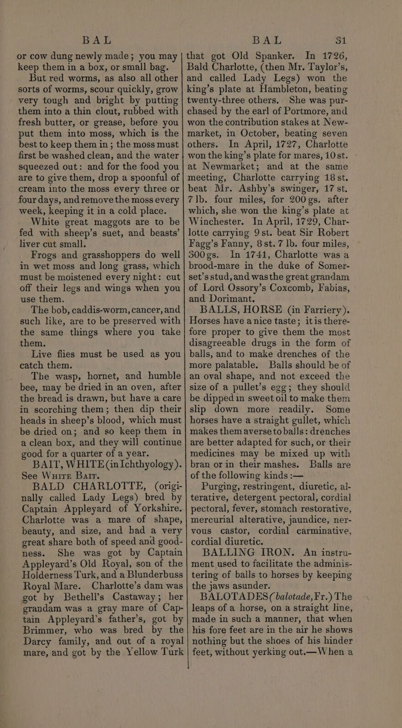 BAL or cow dung newly made; you may keep them in a box, or small bag. But red worms, as also all other sorts of worms, scour quickly, grow very tough and bright by putting them into a thin clout, rubbed with fresh butter, or grease, before you put them into moss, which is. the best to keep them in ; the moss must first be washed clean, and the water squeezed out: and for the food you are to give them, drop a spoonful of cream into the moss every three or four days, andremove the moss every week, keeping it in a cold place. White great maggots are to be fed with sheep’s suet, and beasts’ liver cut small. Frogs and grasshoppers do well in wet moss and long grass, which must be moistened every night: cut off their legs and wings when you use them. The bob, caddis-worm, cancer, and such like, are to be preserved with the same things where you take them. Live flies must be used as you catch them. The wasp, hornet, and humble bee, may be dried in an oven, after the bread is drawn, but have a care in scorching them; then dip their heads in sheep’s blood, which must be dried on; and so keep them in a clean box, and they will continue good for a quarter of a year. BAIT, WHITE(in Ichthyology). See Wuire Barr. : BALD CHARLOTTE, (origi- nally called Lady Legs) bred by Captain Appleyard of Yorkshire. Charlotte was a mare of shape, beauty, and size, and had a very great share both of speed and good- ness. She was got by Captain Appleyard’s Old Royal, son of the Holderness Turk, and a Blunderbuss Royal Mare. Charlotte’s dam was got by Bethell’s Castaway; her grandam was a gray mare of Cap- tain Appleyard’s father’s, got by Brimmer, who was bred by the Darcy family, and out of a royal mare, and got by the Yellow Turk BAL 31 that got Old Spanker. In 1726, Bald Charlotte, (then Mr. Taylor’s, and called Lady Legs) won the king’s plate at Hambleton, beating twenty-three others. She was pur- chased by the earl of Portmore, and won the contribution stakes at New- market, in October, beating seven others. In April, 1727, Charlotte won the king’s plate for mares, 10st. » at Newmarket; and at the same meeting, Charlotte carrying 18st. beat Mr. Ashby’s swinger, 17 st. 7b. four miles, for 200gs. after which, she won the king’s plate at Winchester. In April, 1729, Char- lotte carrying 9st. beat Sir Robert Fagg’s Fanny, 8st. 7 lb. four miles, 300gs. In 1741, Charlotte was a brood-mare in the duke of Somer- set’s stud, and wasthe great grandam of Lord Ossory’s Coxcomb, Fabias, and Dorimant. BALLS, HORSE (in Farriery). Horses have anice taste; itis there- fore proper to give them the most disagreeable drugs in the form of balls, and to make drenches of the more palatable. Balls should be of an oval shape, and not exceed the size of a pullet’s egg; they should be dipped in sweet oil to make them slip down more readily. Some horses have a straight gullet, which makes them averse to balls: drenches are better adapted for such, or their medicines may be mixed up with bran or in their mashes. Balls are of the following kinds :— Purging, restringent, diuretic, al- terative, detergent pectoral, cordial pectoral, fever, stomach restorative, mercurial alterative, jaundice, ner- vous castor, cordial carminative, cordial diuretic. BALLING IRON. An instru- ment used to facilitate the adminis- tering of balls to horses by keeping the jaws asunder. BALOTADES ( balotade, Fr.) The leaps of a horse, on a straight line, made in such a manner, that when his fore feet are in the air he shows nothing but the shoes of his hinder feet, without yerking out.— When a