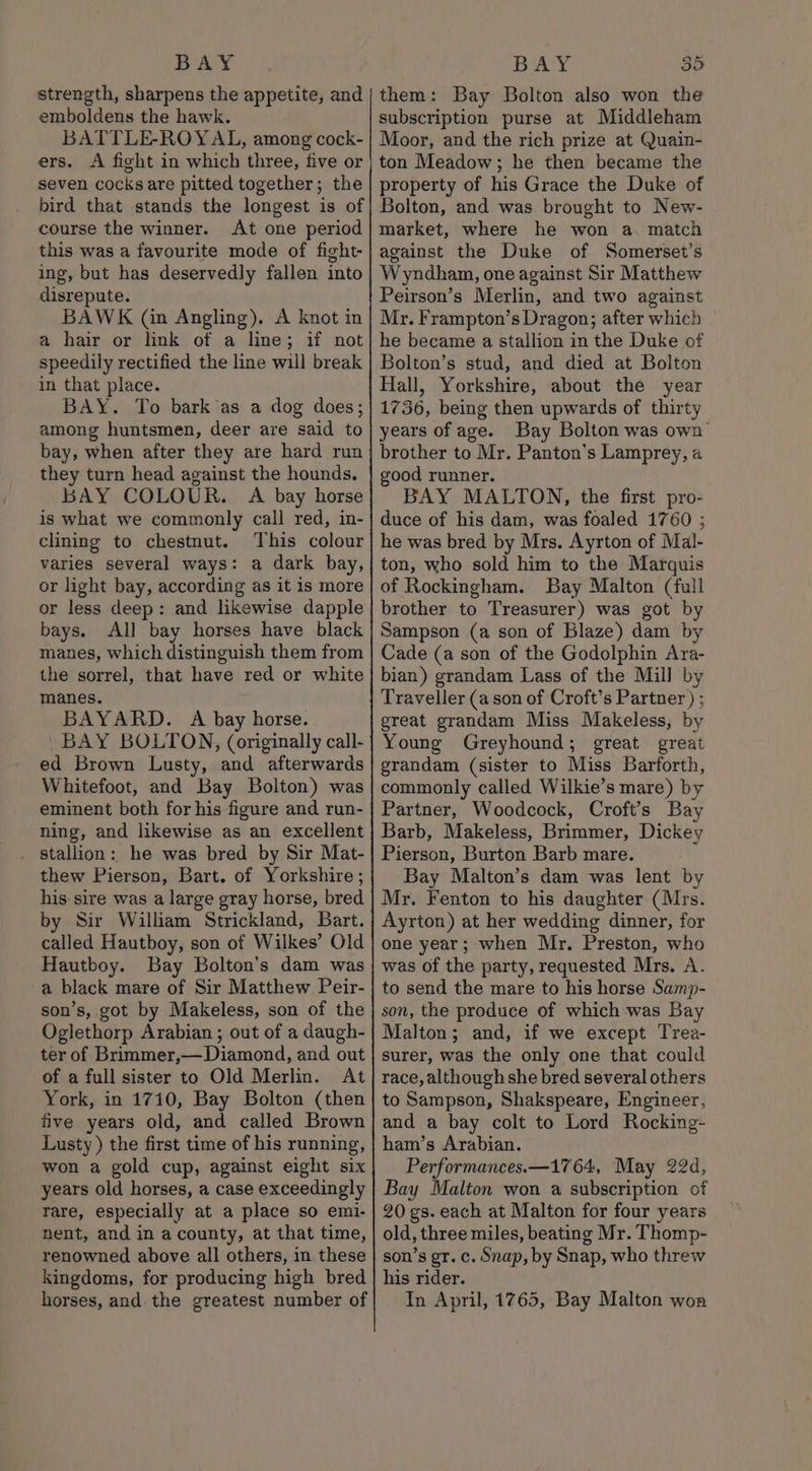 BAY strength, sharpens the appetite, and emboldens the hawk. BATTLE-ROYAL, among cock- ers. A fight in which three, five or seven cocks are pitted together; the bird that stands the longest is of course the winner. At one period this was a favourite mode of fight- ing, but has deservedly fallen into disrepute. BAWK (in Angling). A knot in a hair or link of a line; if not speedily rectified the line will break in that place. BAY. To bark’as a dog does; among huntsmen, deer are said to bay, when after they are hard run they turn head against the hounds. BAY COLOUR. A bay horse is what we commonly call red, in- clining to chestnut. This colour varies several ways: a dark bay, or light bay, according as it is more or less deep: and likewise dapple bays. All bay horses have black manes, which distinguish them from the sorrel, that have red or white manes. BAYARD. A bay horse. BAY BOLTON, (originally call- ed Brown Lusty, and afterwards Whitefoot, and Bay Bolton) was eminent both for his figure and run- ning, and likewise as an excellent stallion: he was bred by Sir Mat- thew Pierson, Bart. of Yorkshire; his sire was a large gray horse, bred by Sir William Strickland, Bart. called Hautboy, son of Wilkes’ Old Hautboy. Bay Bolton’s dam was a black mare of Sir Matthew Peir- son’s, got by Makeless, son of the Oglethorp Arabian ; out of a daugh- ter of Brimmer,— Diamond, and out of a full sister to Old Merlin. At York, in 1710, Bay Bolton (then five years old, and called Brown Lusty ) the first time of his running, won a gold cup, against eight six years old horses, a case exceedingly rare, especially at a place so emi- nent, and in a county, at that time, renowned above all others, in these kingdoms, for producing high bred horses, and the greatest number of BAY 35 them: Bay Bolton also won the subscription purse at Middleham Moor, and the rich prize at Quain- ton Meadow; he then became the property of his Grace the Duke of Bolton, and was brought to New- market, where he won a. match against the Duke of Somerset’s Wyndham, one against Sir Matthew Peirson’s Merlin, and two against Mr. Frampton’s Dragon; after which he became a stallion in the Duke of Bolton’s stud, and died at Bolton Hall, Yorkshire, about the year 1736, being then upwards of thirty years of age. Bay Bolton was own’ brother to Mr. Panton’s Lamprey, a good runner. BAY MALTON, the first pro- duce of his dam, was foaled 1760 ; he was bred by Mrs. Ayrton of Mal- ton, who sold him to the Marquis of Rockingham. Bay Malton (full brother to Treasurer) was got by Sampson (a son of Blaze) dam by Cade (a son of the Godolphin Ara- bian) grandam Lass of the Mil] by Traveller (a son of Croft’s Partner) ; great grandam Miss Makeless, by Young Greyhound; great great grandam (sister to Miss Barforth, commonly called Wilkie’s mare) by Partner, Woodcock, Croft’s Bay Barb, Makeless, Brimmer, Dickey Pierson, Burton Barb mare. Bay Malton’s dam was lent by Mr. Fenton to his daughter (Mrs. Ayrton) at her wedding dinner, for one year; when Mr. Preston, who was of the party, requested Mrs. A. to send the mare to his horse Samp- son, the produce of which was Bay Malton; and, if we except Trea- surer, was the only one that could race, although she bred several others to Sampson, Shakspeare, Engineer, and a bay colt to Lord Rocking- ham’s Arabian. Performances.—1764, May 22d, Bay Malton won a subscription of 20 gs. each at Malton for four years old, three miles, beating Mr. Thomp- son’s gr. c. Snap, by Snap, who threw his rider. In April, 1765, Bay Malton won