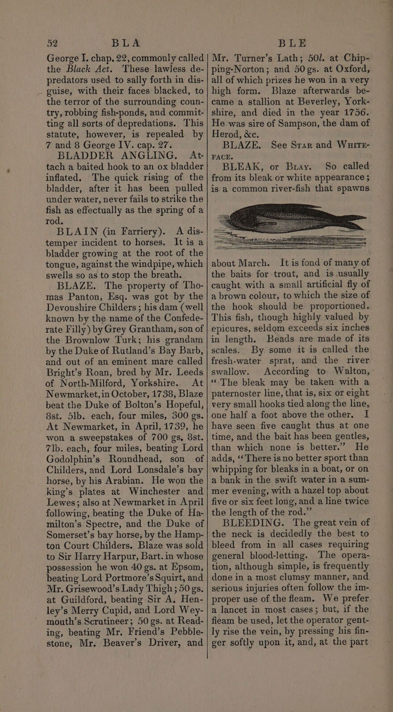 George I. chap. 22, commonly called the Black Act. These lawless de- predators used to sally forth in dis- guise, with their faces blacked, to the terror of the surrounding coun- try, robbing fish-ponds, and commit- ting all sorts of depredations. This statute, however, is repealed by 7 and 8 George IV. cap. 27. BLADDER ANGLING. At tach a baited hook to an ox bladder inflated. The quick rising of the bladder, after it has been pulled under water, never fails to strike the fish as effectually as the spring of a rod. BLAIN (in Farriery). A dis- temper incident to horses. Itis a bladder growing at the root of the tongue, against the windpipe, which swells so as to stop the breath. BLAZE. The property of Tho- mas Panton, Esq. was got by the Devonshire Childers ; his dam (well known by the name of the Confede- rate Filly) by Grey Grantham, son of the Brownlow Turk; his grandam by the Duke of Rutland’s Bay Barb, and out of an eminent mare called Bright’s Roan, bred by Mr. Leeds of North-Milford, Yorkshire. At Newmarket, in October, 1738, Blaze beat the Duke of Bolton’s Hopeful, 8st. 5lb. each, four miles, 300 gs. At Newmarket, in April, 1739, he won a sweepstakes of 700 gs, 8st. 7lb. each, four miles, beating Lord Godolphin’s Roundhead, son of Childers, and Lord Lonsdale’s bay horse, by his Arabian. He won the king’s plates at Winchester and Lewes; also at Newmarket in April following, beating the Duke of Ha- milton’s Spectre, and the Duke of Somerset’s bay horse, by the Hamp- ton Court Childers. Blaze was sold to Sir Harry Harpur, Bart. in whose possession he won 40 gs. at Epsom, beating Lord Portmore’s Squirt, and Mr. Grisewood’s Lady Thigh ; 50 gs. at Guildford, beating Sir A. Hen- ley’s Merry Cupid, and Lord Wey- mouth’s Scrutineer; 50 gs. at Read- ing, beating Mr. Friend’s Pebble- stone, Mr. Beaver’s Driver, and Mr. Turner’s Lath; 501. at Chip- ping-Norton; and 50gs. at Oxford, all of which prizes he won in a very high form. Blaze afterwards be- came a stallion at Beverley, York- shire, and died in the year 1756. He was sire of Sampson, the dam of Herod, &amp;c. BLAZE. See Srar and Wuitt- FACE. BLEAK, or Bray. So called from its bleak or white appearance ; is a common river-fish that spawns about March. It is fond of many of the baits for trout, and is usually caught. with a small artificial fly of a brown colour, to which the size of the hook should be proportioned. This fish, though highly valued by epicures, seldom exceeds six inches in length. Beads are made of its scales. By some it is called the fresh-water sprat, and the river swallow. According to Walton,- “The bleak may be taken with a paternoster line, that is, six or eight very small hooks tied along the line, one half a foot above the other. I have seen five caught thus at one time, and the bait has been gentles, than which none is better.” He adds, ‘‘ There is no better sport than whipping for bleaks in a boat, or on a bank in the swift water in a sum- mer evening, with a hazel top about five or six feet long, and a line twice the length of the rod.” BLEEDING. The great vein of the neck is decidedly the best to bleed from in all cases requiring general blood-letting. The opera- tion, although simple, is frequently done in a most clumsy manner, and serious injuries often follow the im- proper use of the fleam. We prefer a lancet in most cases; but, if the fleam be used, let the operator gent- ly rise the vein, by pressing his fin- ger softly upon it, and, at the part