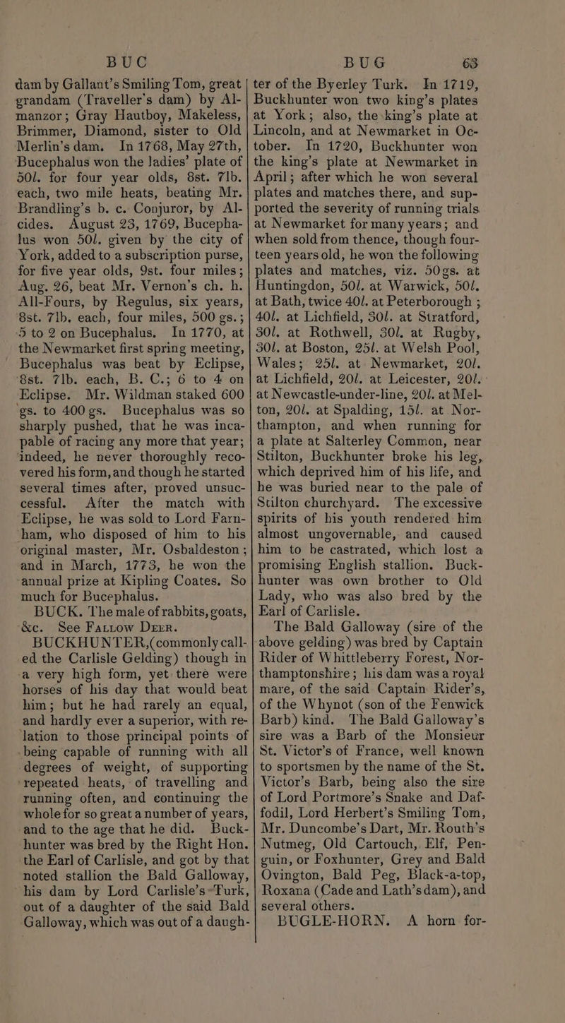 BUC dam by Gallant’s Smiling Tom, great grandam (Traveller's dam) by Al- manzor; Gray Hautboy, Makeless, Brimmer, Diamond, sister to Old Merlin’sdam. In 1768, May 27th, Bucephalus won the ladies’ plate of 501. for four year olds, 8st. 7b. each, two mile heats, beating Mr. Brandling’s b. c. Conjuror, by Al- cides. August 23, 1769, Bucepha- lus won 50l. given by the city of York, added to a subscription purse, for five year olds, 9st. four miles; Aug. 26, beat Mr. Vernon’s ch. h. All-Fours, by Regulus, six years, 8st. 7lb, each, four miles, 500 gs.; 5 to 2 on Bucephalus. In 1770, at the Newmarket first spring meeting, Bucephalus was beat by Eclipse, ‘8st. 7lb. each, B. C.; 6 to 4 on Eclipse. Mr. Wildman staked 600 ‘gs. to 400 gs. Bucephalus was so sharply pushed, that he was inca- pable of racing any more that year; indeed, he never thoroughly reco- vered his form, and though he started several times after, proved unsuc- cessful. After the match with Eclipse, he was sold to Lord Farn- ham, who disposed of him to his original master, Mr. Osbaldeston ; and in March, 1773, he won the annual prize at Kipling Coates. So much for Bucephalus. BUCK. The male of rabbits, goats, &amp;c. See Farrow Derr. BUCKHUNTER,(commonly call- ed the Carlisle Gelding) though in a very high form, yet there were horses of his day that would beat him; but he had rarely an equal, and hardly ever a superior, with re- lation to those principal points of -being capable of running with all degrees of weight, of supporting ‘repeated heats, of travelling and running often, and continuing the whole for so great a number of years, and to the age that he did. Buck- hunter was bred by the Right Hon. the Earl of Carlisle, and got by that noted stallion the Bald Galloway, his dam by Lord Carlisle’s Turk, out of a daughter of the said Bald Galloway, which was out of a daugh- BUG 63 ter of the Byerley Turk. In 1719, Buckhunter won two king’s plates at York; also, the king’s plate at Lincoln, and at Newmarket in Oc- tober. In 1720, Buckhunter won the king’s plate at Newmarket in April; after which he won several plates and matches there, and sup- ported the severity of running trials at Newmarket for many years; and when sold from thence, though four- teen years old, he won the following plates and matches, viz. 50gs. at Huntingdon, 501. at Warwick, 501. at Bath, twice 401. at Peterborough 3; 401. at Lichfield, 301. at Stratford, 50l, at Rothwell, 30/. at Rugby, 301. at Boston, 25/1. at Welsh Pool, Wales; 251. at Newmarket, 201. at Lichfield, 20/. at Leicester, 20/. at Newcastle-under-line, 20/. at Mel- ton, 20/. at Spalding, 15/. at Nor- thampton, and when running for a plate at Salterley Common, near Stilton, Buckhunter broke his leg, which deprived him of his life, and he was buried near to the pale of Stilton churchyard. The excessive spirits of his youth rendered him almost ungovernable, and caused him to be castrated, which lost a promising English stallion. Buck- hunter was own brother to Old Lady, who was also bred by the Ear! of Carlisle. The Bald Galloway (sire of the above gelding) was bred by Captain Rider of Whittleberry Forest, Nor- thamptonshire; his dam wasa royal mare, of the said Captain Rider’s, of the Whynot (son of the Fenwick Barb) kind. The Bald Galloway’s sire was a Barb of the Monsieur St. Victor’s of France, well known to sportsmen by the name of the St. Victor’s Barb, being also the size of Lord Portmore’s Snake and Daf- fodil, Lord Herbert’s Smiling Tom, Mr. Duncombe’s Dart, Mr. Routh’s Nutmeg, Old Cartouch,. Elf, Pen- guin, or Foxhunter, Grey and Bald Ovington, Bald Peg, Black-a-top, Roxana (Cade and Lath’sdam), and several others. BUGLE-HORN. A horn for-