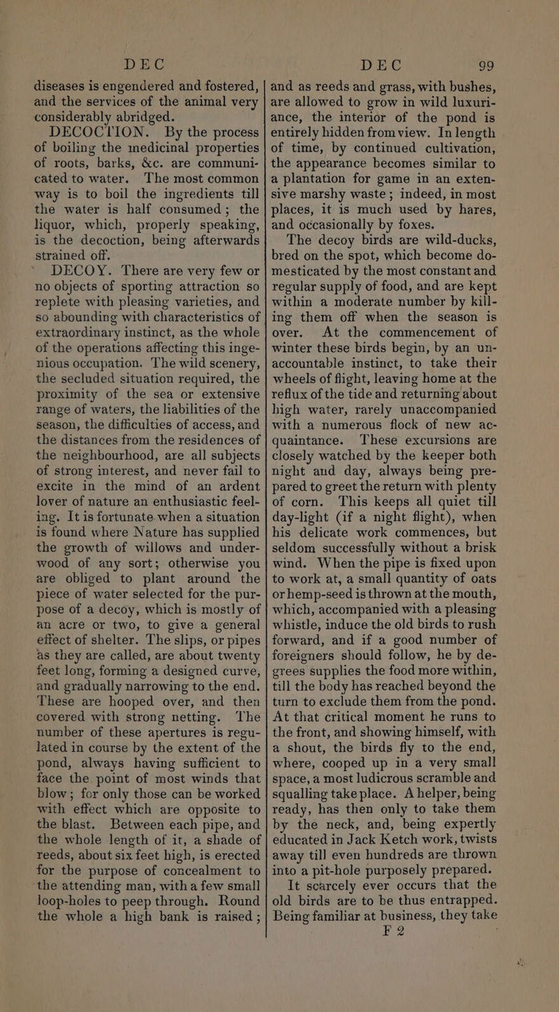 DEC diseases is engendered and fostered, and the services of the animal very considerably abridged. DECOCTION. By the process of boiling the medicinal properties of roots, barks, &amp;c. are communi- cated to water. The most common way is to boil the ingredients till the water is half consumed; the liquor, which, properly speaking, is the decoction, being afterwards strained off. DECOY. There are very few or no objects of sporting attraction so replete with pleasing varieties, and so abounding with characteristics of extraordinary instinct, as the whole of the operations affecting this inge- nious occupation. The wild scenery, the secluded situation required, the proximity of the sea or extensive range of waters, the liabilities of the season, the difficulties of access, and the distances from the residences of the neighbourhood, are all subjects of strong interest, and never fail to excite in the mind of an ardent lover of nature an enthusiastic feel- ing. It is fortunate when a situation is found where Nature has supplied the growth of willows and under- wood of any sort; otherwise you are obliged to plant around the piece of water selected for the pur- pose of a decoy, which is mostly of an acre or two, to give a general effect of shelter. The slips, or pipes as they are called, are about twenty feet long, forming a designed curve, and gradually narrowing to the end. These are hooped over, and then covered with strong netting. The number of these apertures is regu- lated in course by the extent of the pond, always having sufficient to face the point of most winds that blow; for only those can be worked with effect which are opposite to the blast. Between each pipe, and the whole length of it, a shade of reeds, about six feet high, is erected for the purpose of concealment to the attending man, witha few small loop-holes to peep through. Round the whole a high bank is raised ; DEC 99 and as reeds and grass, with bushes, are allowed to grow in wild luxuri- ance, the interior of the pond is entirely hidden from view. In length of time, by continued cultivation, the appearance becomes similar to a plantation for game in an exten- sive marshy waste ; indeed, in most places, it is much used by hares, and occasionally by foxes. The decoy birds are wild-ducks, bred on the spot, which become do- mesticated by the most constant and regular supply of food, and are kept within a moderate number by kill- ing them off when the season is over. At the commencement of winter these birds begin, by an un- accountable instinct, to take their wheels of flight, leaving home at the reflux of the tide and returning about high water, rarely unaccompanied with a numerous flock of new ac- quaintance. ‘These excursions are closely watched by the keeper both night aud day, always being pre- pared to greet the return with plenty of corn. This keeps all quiet till day-light Gif a night flight), when his delicate work commences, but seldom successfully without a brisk wind. When the pipe is fixed upon to work at, a small quantity of oats or hemp-seed is thrown at the mouth, which, accompanied with a pleasing whistle, induce the old birds to rush forward, and if a good number of foreigners should follow, he by de- grees supplies the food more within, till the body has reached beyond the turn to exclude them from the pond. At that critical moment he runs to the front, and showing himself, with a shout, the birds fly to the end, where, cooped up in a very small space, a most ludicrous scramble and squalling take place. A helper, being ready, has then only to take them by the neck, and, being expertly educated in Jack Ketch work, twists away till even hundreds are thrown into a pit-hole purposely prepared. It scarcely ever occurs that the old birds are to be thus entrapped. Being familiar at business, they take F2