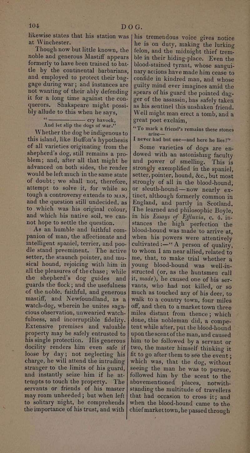likewise states that his station was at Winchester. ‘Though now but little known, the noble and generous Mastiff appears formerly to have been trained to bat- tle by the continental barbarians, and employed to protect their bag- gage during war; and instances are not wanting of their ably defending it for a long time against the con- querors. Shakspeare might possi- bly allude to this when he says, 6 _____ ery havock, And let slip the dogs of war.” Whether the dog be indigenous to this island, like Buffon’s hypothesis of all varieties originating from the shepherd’s dog, still remains a pro- blem; and, after all that might be advanced on both sides, the reader would be left much in the same state of doubt; we shall not, therefore, attempt to solve it, for while so tough a controversy extends to man, and the question still undecided, as to which was his original colour, and which his native soil, we can- not hope to settle the question. As an humble and faithful com- panion of man, the affectionate and intelligent spaniel, terrier, and poo- dle stand preeminent. The active setter, the staunch pointer, and mu- sical hound, rejoicing with him in all the pleasures of the chase; while the shepherd’s dog guides and guards the flock ; and the usefulness of the noble, faithful, and generous mastiff, and Newfoundland, as a watch-dog, wherein he unites saga- cious observation, unwearied watch- fulness, and incorruptible fidelity. Extensive premises and valuable property may be safely entrusted to his single protection. His generous docility renders him even safe if loose by day; not neglecting his charge, he will attend the intruding stranger to the limits of his guard, and instantly seize him if he at- tempts to touch the property. The servants or friends of his master may roam unheeded ; but when left to solitary night, he comprehends the importance of his trust, and with his tremendous voice gives notice he is on duty, making the lurking felon, and the midnight thief trem- ble in their hiding-place. Even the blood-stained tyrant, whose sangui- nary actions have made him cease to confide in kindred man, and whose guilty mind ever imagines amid the spears of his guard the pointed dag- ger of the assassin, has safely taken as his sentinel this unshaken friend. Well might man erect a tomb, and a great poet exclaim, “To mark a friend’s remains these stones arise— I never had but one—and here he lies!”? Some varieties of dogs are en- dowed with an astonishing faculty and power of smelling. This is strongly exemplified in the spaniel, setter, pointer, hound, &amp;c., but most strongly of all in the blood-hound, or sleuth-hound—now nearly ex- tinct, although formerly common in England, and partly in Scotland, The learned and philosophic Boyle, in his Essays of Effluvia, c. 4. in- stances the high perfection the blood-hound was made to arrive at, when his powers were attentively cultivated :—‘ A person of quality, to whom I am near allied, related to me, that, to make trial whether a young blood-hound was well-in- structed (or, as the huntsmen call it, made), he caused one of his ser- vants, who had not killed, or so much as touched any of his deer, to walk to a country town, four miles off, and then to a market town three miles distant from thence; which done, this nobleman did, a compe- tent while after, put the blood-hound upon thescent of the man, and caused him to be followed by a servant or two, the master himself thinking it fit to go after them to see the event ; which was, that the dog, without seeing the man he was to pursue, followed him by the scent to the abovementioned places, notwith- standing the multitude of travellers that had occasion to cross it; and when the blood-hound came to the chief market town, he passed through