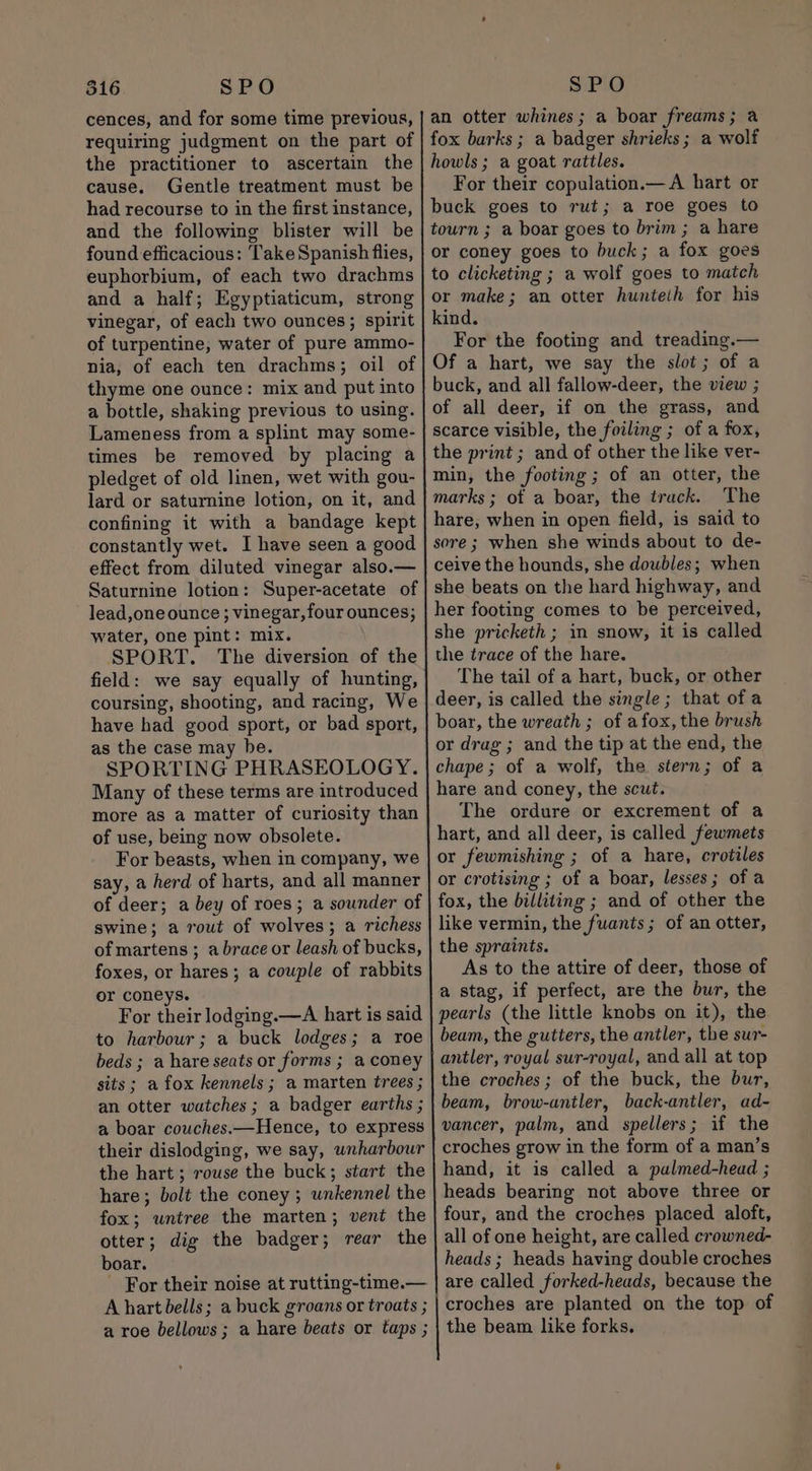 cences, and for some time previous, the practitioner to ascertain the cause. Gentle treatment must be had recourse to in the first instance, and the following blister will be found efficacious: Take Spanish flies, euphorbium, of each two drachms and a half; Egyptiaticum, strong vinegar, of each two ounces; spirit of turpentine, water of pure ammo- thyme one ounce: mix and put into a bottle, shaking previous to using. Lameness from a splint may some- times be removed by placing a pledget of old linen, wet with gou- lard or saturnine lotion, on it, and confining it with a bandage kept constantly wet. I have seen a good effect from diluted vinegar also.— Saturnine lotion: Super-acetate of lead,one ounce ; vinegar, four ounces; water, one pint: mix. SPORT. The diversion of the field: we say equally of hunting, coursing, shooting, and racing, We have had good sport, or bad sport, as the case may be. SPORTING PHRASEOLOGY. Many of these terms are introduced more as a matter of curiosity than of use, being now obsolete. For beasts, when in company, we say, a herd of harts, and all manner of deer; a bey of roes; a sounder of swine; a rout of wolves; a richess of martens ; a brace or leash of bucks, foxes, or hares; a couple of rabbits or coneys. For their lodging.—A hart is said to harbour; a buck lodges; a roe beds ; a hare seats or forms ; a coney sits; a fox kennels ; a marten trees ; an otter watches; a badger earths ; a boar couches.—Hence, to express their dislodging, we say, wnharbour the hart ; rouse the buck; start the hare; bolt the coney ; wnkennel the fox; untree the marten; vent the otter; dig the badger; rear the boar. For their noise at rutting-time.—. A hart bells; a buck groans or troats ; a roe bellows ; a hare beats or taps ; an otter whines; a boar freams; a fox barks ; a badger shrieks; a wolf howls ; a goat rattles. For their copulation.— A hart or buck goes to rut; a roe goes to tourn ; a boar goes to brim ; a hare or coney goes to buck; a fox goes to clicketing ; a wolf goes to match or make; an otter hunteih for his kind. For the footing and treading.— Of a hart, we say the slot; of a buck, and all fallow-deer, the view ; of all deer, if on the grass, and scarce visible, the foiling ; of a fox, the print ; and of other the like ver- min, the footing ; of an otter, the marks ; of a boar, the track. The hare, when in open field, is said to sore ; when she winds about to de- ceive the hounds, she doubles; when she beats on the hard highway, and her footing comes to be perceived, she pricketh ; in snow, it is called the trace of the hare. The tail of a hart, buck, or other deer, is called the single; that of a boar, the wreath ; of afox, the brush or drag ; and the tip at the end, the chape; of a wolf, the stern; of a hare and coney, the scut. The ordure or excrement of a hart, and all deer, is called fewmets or fewmishing ; of a hare, crotiles or crotising ; of a boar, lesses; of a fox, the billiting ; and of other the like vermin, the fuants; of an otter, the spraints. As to the attire of deer, those of a stag, if perfect, are the bur, the pearls (the little knobs on it), the beam, the gutters, the antler, the sur- antler, royal sur-royal, and all at top the croches; of the buck, the bur, beam, brow-antler, back-antler, ad- vancer, palm, and spellers; if the croches grow in the form of a man’s hand, it is called a palmed-head ; heads bearing not above three or four, and the croches placed aloft, all of one height, are called crowned- heads ; heads having double croches are called forked-heads, because the croches are planted on the top of the beam like forks.