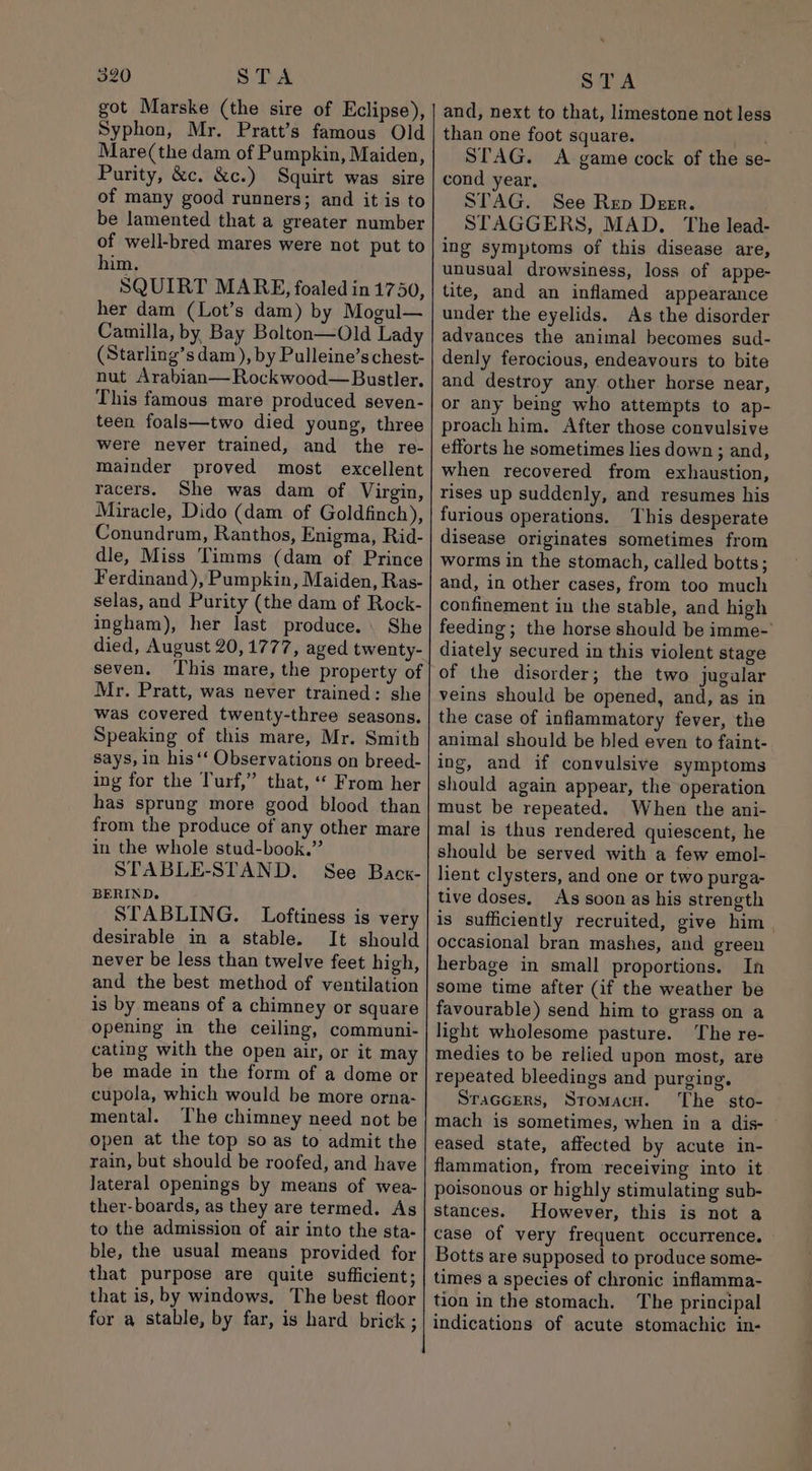 got Marske (the sire of Eclipse), Syphon, Mr. Pratt’s famous Old Mare(the dam of Pumpkin, Maiden, Purity, &amp;c. &amp;c.) Squirt was sire of many good runners; and it is to be lamented that a greater number of well-bred mares were not put to him, SQUIRT MARE, foaled in 1750, her dam (Lot’s dam) by Mogul— Camilla, by Bay Bolton—Old Lady (Starling’s dam ), by Pulleine’s chest- nut Arabian—Rockwood—Bustler. This famous mare produced seven- teen foals—two died young, three were never trained, and the re- mainder proved most excellent racers. She was dam of Virgin, Miracle, Dido (dam of Goldfinch), Conundrum, Ranthos, Enigma, Rid- dle, Miss Timms (dam of Prince Ferdinand), Pumpkin, Maiden, Ras- selas, and Purity (the dam of Rock- ingham), her last produce. She died, August 20,1777, aged twenty- seven. This mare, the property of Mr. Pratt, was never trained: she was covered twenty-three seasons. Speaking of this mare, Mr. Smith Says, in his ‘‘ Observations on breed- ing for the Turf,” that, ‘ From her has sprung more good blood than from the produce of any other mare in the whole stud-book.” STABLE-STAND. BERIND. STABLING. Loftiness is very desirable in a stable. It should never be less than twelve feet high, and the best method of ventilation is by means of a chimney or square opening in the ceiling, communi- cating with the open air, or it may be made in the form of a dome or cupola, which would be more orna- mental. The chimney need not be open at the top so as to admit the rain, but should be roofed, and have lateral openings by means of wea- ther-boards, as they are termed. As to the admission of air into the sta- ble, the usual means provided for that purpose are quite sufficient; that is, by windows, The best floor for a stable, by far, is hard brick ; See Back- STA and, next to that, limestone not less than one foot square. STAG. A game cock of the se- cond year, STAG. See Rep Durr. STAGGERS, MAD. The lead- ing symptoms of this disease are, unusual drowsiness, loss of appe- tite, and an inflamed appearance under the eyelids. As the disorder advances the animal becomes sud- denly ferocious, endeavours to bite and destroy any. other horse near, or any being who attempts to ap- proach him. After those convulsive efforts he sometimes lies down 3 and, when recovered from exhaustion, rises up suddenly, and resumes his furious operations. This desperate disease originates sometimes from worms in the stomach, called botts; and, in other cases, from too much confinement in the stable, and high feeding; the horse should be imme- diately secured in this violent stage of the disorder; the two jugalar veins should be opened, and, as in the case of inflammatory fever, the animal should be bled even to faint- ing, and if convulsive symptoms should again appear, the operation must be repeated. When the ani- mal is thus rendered quiescent, he should be served with a few emol- lient clysters, and one or two purga- tive doses. As soon as his strength is sufficiently recruited, give him | occasional bran mashes, and green herbage in small proportions. In some time after (if the weather be favourable) send him to grass on a light wholesome pasture. ‘The re- medies to be relied upon most, are repeated bleedings and purging. StaGcers, Stomacu. ‘The sto- mach is sometimes, when in a dis- — eased state, affected by acute in- flammation, from receiving into it poisonous or highly stimulating sub- stances. However, this is not a case of very frequent occurrence. Botts are supposed to produce some- times a species of chronic inflamma- tion in the stomach. The principal indications of acute stomachic in-