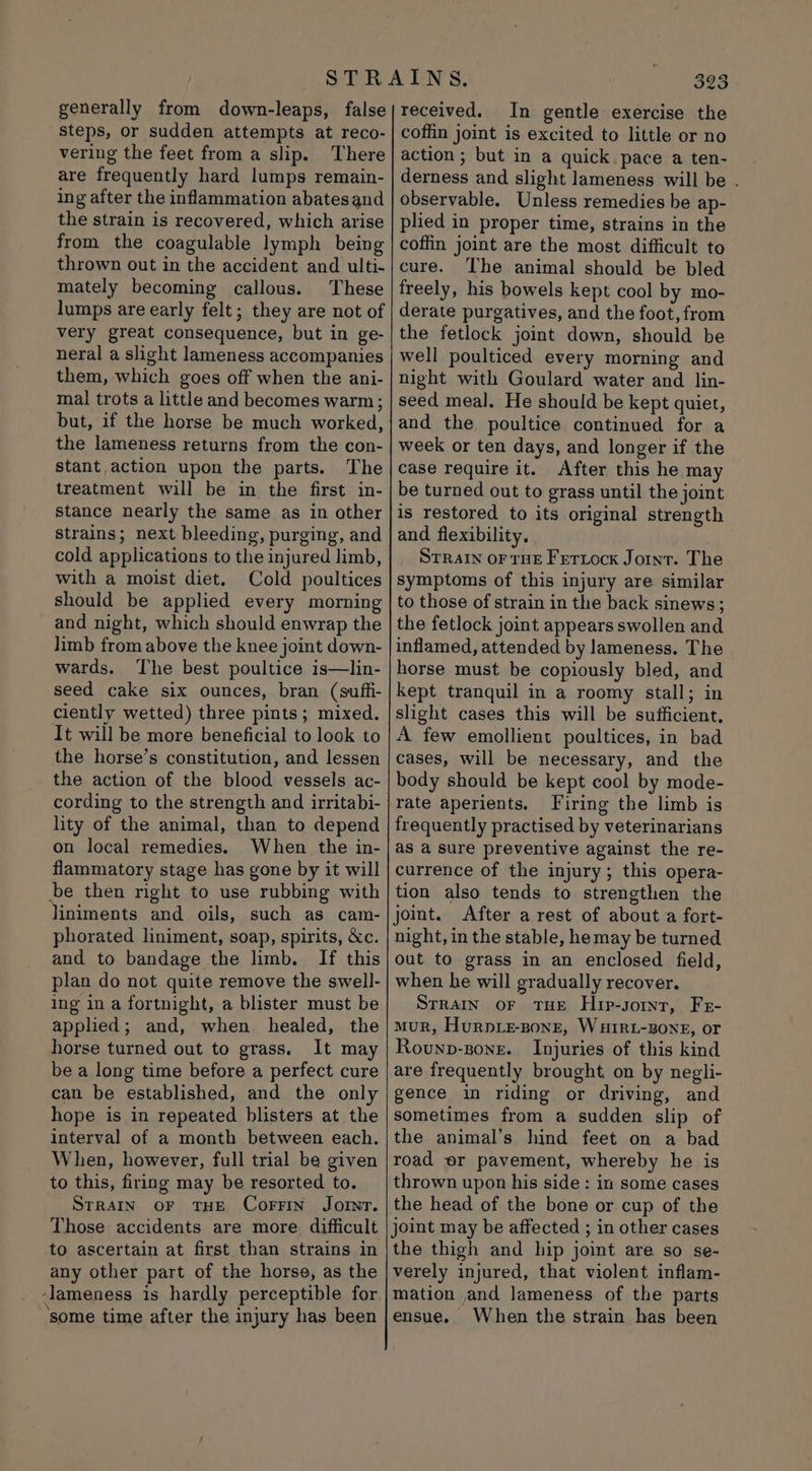 generally from down-leaps, false steps, or sudden attempts at reco- vering the feet from a slip. There are frequently hard lumps remain- ing after the inflammation abatesand the strain is recovered, which arise from the coagulable lymph being thrown out in the accident and ulti- mately becoming callous. These lumps are early felt; they are not of very great consequence, but in ge- neral a slight lameness accompanies them, which goes off when the ani- mal trots a little and becomes warm; but, if the horse be much worked, the lameness returns from the con- stant action upon the parts. The treatment will be in the first in- stance nearly the same as in other strains; next bleeding, purging, and cold applications to the injured limb, with a moist diet. Cold poultices should be applied every morning and night, which should enwrap the limb from above the knee joint down- wards. The best poultice is—lin- seed cake six ounces, bran (suffi- ciently wetted) three pints; mixed. It will be more beneficial to look to the horse’s constitution, and lessen the action of the blood vessels ac- cording to the strength and irritabi- lity of the animal, than to depend on local remedies. When the in- flammatory stage has gone by it will be then right to use rubbing with iniments and oils, such as cam- phorated liniment, soap, spirits, &amp;c. and to bandage the limb. If this plan do not quite remove the swell- ing in a fortnight, a blister must be applied; and, when healed, the horse turned out to grass. It may be a long time before a perfect cure can be established, and the only hope is in repeated blisters at the interval of a month between each. When, however, full trial be given to this, firing may be resorted to. Strain or THE Corrin Jornr. Those accidents are more difficult to ascertain at first than strains in any other part of the horse, as the -lameness is hardly perceptible for ‘some time after the injury has been 323 received. In gentle exercise the coffin joint is excited to little or no action ; but in a quick. pace a ten- derness and slight lameness will be . observable. Unless remedies be ap- plied in proper time, strains in the coffin joint are the most difficult to cure. The animal should be bled freely, his bowels kept cool by mo- derate purgatives, and the foot, from the fetlock joint down, should be well poulticed every morning and night with Goulard water and lin- seed meal. He should be kept quiet, and the poultice continued for a week or ten days, and longer if the case require it. After this he may be turned out to grass until the joint is restored to its original strength and flexibility. Strain oF THE Ferxock Joint. The symptoms of this injury are similar to those of strain in the back sinews; the fetlock joint appears swollen and inflamed, attended by lameness. The horse must be copiously bled, and kept tranquil in a roomy stall; in slight cases this will be sufficient. A few emollient poultices, in bad cases, will be necessary, and the body should be kept cool by mode- rate aperients. Firing the limb is frequently practised by veterinarians as a sure preventive against the re- currence of the injury ; this opera- tion also tends to strengthen the joint. After a rest of about a fort- night, in the stable, he may be turned out to grass in an enclosed field, when he will gradually recover. Strain or tue Hip-gornt, Fe- muR, Hurpie-Bonr, WHIRL-BONE, OF Rounp-zone. Injuries of this kind are frequently brought on by negli- gence in riding or driving, and sometimes from a sudden slip of the animal’s hind feet on a bad road er pavement, whereby he is thrown upon his side: in some cases the head of the bone or cup of the joint may be affected ; in other cases the thigh and hip joint are so se- verely injured, that violent inflam- mation and lameness of the parts ensue. When the strain has been