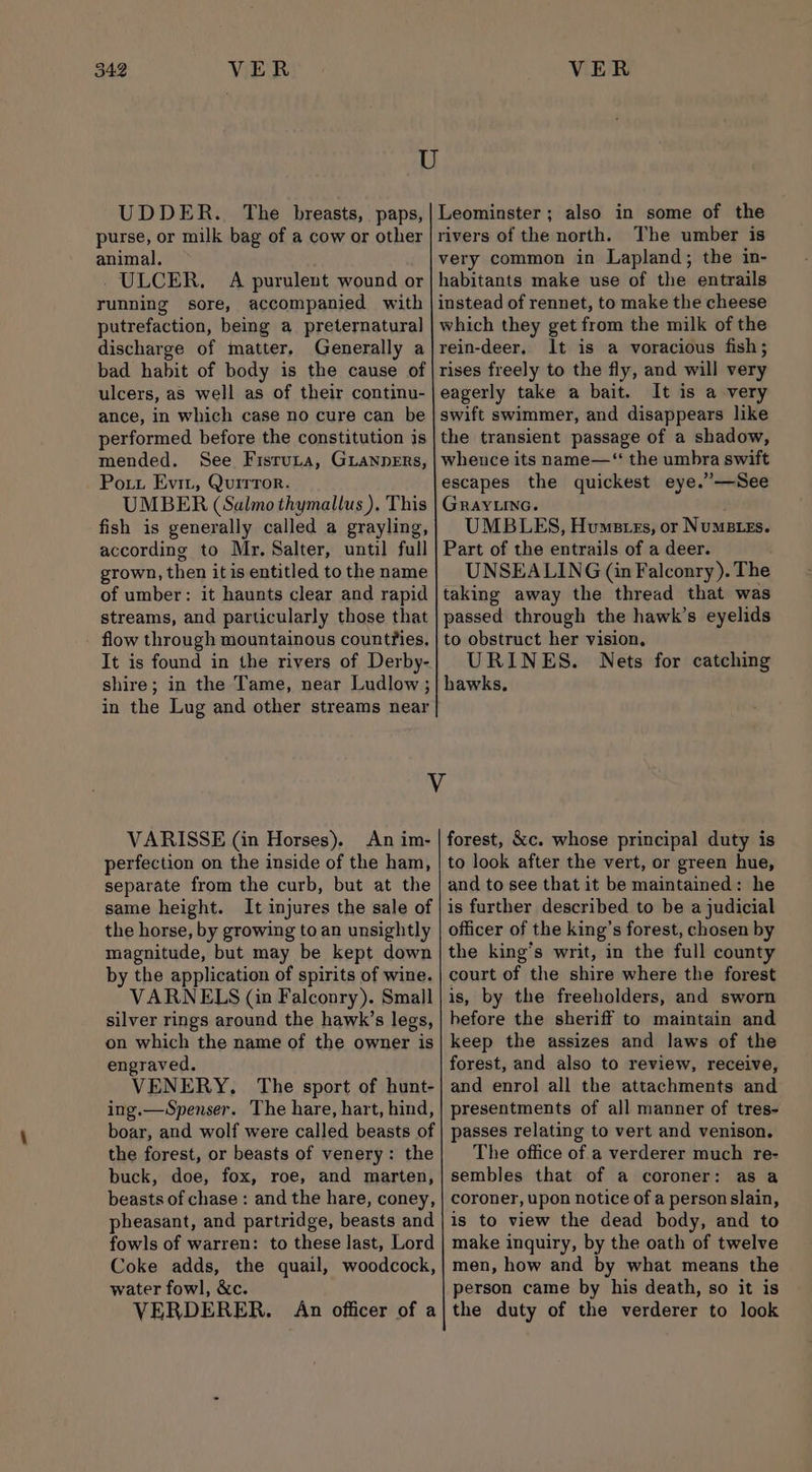 VER VER UDDER. The breasts, paps, purse, or milk bag of a cow or other animal, - ULCER. A purulent wound or running sore, accompanied with putrefaction, being a preternatural discharge of matter. Generally a bad habit of body is the cause of ulcers, as well as of their continu- ance, in which case no cure can be performed before the constitution is mended. See Fisruta, GLANDERs, Poy Evir, Quirror. UMBER (Salmo thymallus ), This fish is generally called a grayling, according to Mr. Salter, until full grown, then itis entitled to the name of umber: it haunts clear and rapid streams, and particularly those that flow through mountainous countries, It is found in the rivers of Derby- shire; in the Tame, near Ludlow ; in the Lug and other streams near Leominster; also in some of the rivers of the north. The umber is very common in Lapland; the in- habitants make use of the entrails instead of rennet, to make the cheese which they get from the milk of the rein-deer, It is a voracious fish; rises freely to the fly, and will very eagerly take a bait. It is a very swift swimmer, and disappears like the transient passage of a shadow, whence its name—“ the umbra swift escapes the quickest eye.”—See GRAYLING. UMBLES, Humsatss, or Numsiss. Part of the entrails of a deer. UNSEALING (in Falconry). The taking away the thread that was passed through the hawk’s eyelids to obstruct her vision, URINES. Nets for catching hawks. VARISSE (in Horses). An im- perfection on the inside of the ham, separate from the curb, but at the same height. It injures the sale of the horse, by growing to an unsightly magnitude, but may be kept down by the application of spirits of wine. VARNELS (in Falconry). Small silver rings around the hawk’s legs, on which the name of the owner is engraved. VENERY. The sport of hunt- ing.—Spenser. The hare, hart, hind, boar, and wolf were called beasts of the forest, or beasts of venery: the buck, doe, fox, roe, and marten, beasts of chase : and the hare, coney, pheasant, and partridge, beasts and fowls of warren: to these last, Lord Coke adds, the quail, woodcock, water fowl, &amp;c. VERDERER. An officer of a forest, &amp;c. whose principal duty is to look after the vert, or green hue, and to see that it be maintained: he is further described to be a judicial officer of the king’s forest, chosen by the king’s writ, in the full county court of the shire where the forest is, by the freeholders, and sworn hefore the sheriff to maintain and keep the assizes and laws of the forest, and also to review, receive, and enrol all the attachments and presentments of all manner of tres- passes relating to vert and venison. The office of a verderer much re- sembles that of a coroner: as a coroner, upon notice of a person slain, is to view the dead body, and to make inquiry, by the oath of twelve men, how and by what means the person came by his death, so it is the duty of the verderer to look