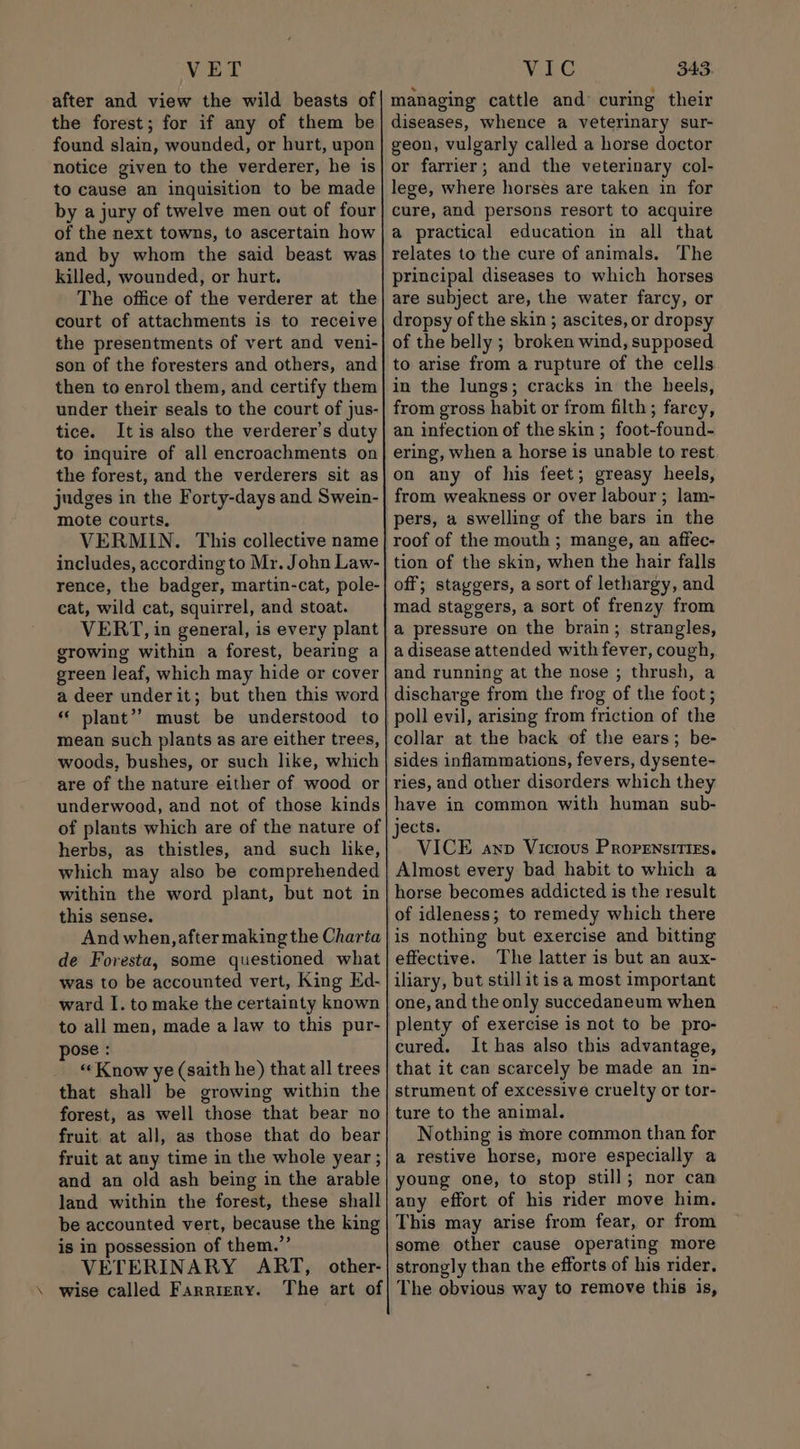 \ after and view the wild beasts of the forest; for if any of them be found slain, wounded, or hurt, upon notice given to the verderer, he is to cause an inquisition to be made by a jury of twelve men out of four of the next towns, to ascertain how and by whom the said beast was killed, wounded, or hurt. court of attachments is to receive the presentments of vert and veni- son of the foresters and others, and then to enrol them, and certify them under their seals to the court of jus- tice. Itis also the verderer’s duty to inquire of all encroachments on judges in the Forty-days and Swein- mote courts, VERMIN. This collective name includes, according to Mr. John Law- rence, the badger, martin-cat, pole- cat, wild cat, squirrel, and stoat. VERT, in general, is every plant growing within a forest, bearing a green leaf, which may hide or cover a deer underit; but then this word “ plant”? must be understood to mean such plants as are either trees, woods, bushes, or such like, which are of the nature either of wood or underwood, and not of those kinds of plants which are of the nature of herbs, as thistles, and such lke, which may also be comprehended within the word plant, but not in this sense. And when, after making the Charta de Foresta, some questioned what was to be accounted vert, King Ed- ward I. to make the certainty known to all men, made a law to this pur- pose : «Know ye (saith he) that all trees forest, as well those that bear no fruit. at all, as those that do bear fruit at any time in the whole year ; and an old ash being in the arable land within the forest, these shall be accounted vert, because the king is in possession of them.” VETERINARY ART, other- wise called Farrieny. The art of managing cattle and’ curing their diseases, whence a veterinary sur- geon, vulgarly called a horse doctor or farrier; and the veterinary col- lege, where horses are taken in for cure, and persons resort to acquire a practical education in all that relates to the cure of animals. The principal diseases to which horses dropsy of the skin ; ascites, or dropsy of the belly ; broken wind, supposed to arise from a rupture of the cells in the lungs; cracks in the heels, from gross habit or from filth; farcy, an infection of the skin ; foot-found- ering, when a horse is unable to rest from weakness or over labour; lam- pers, a swelling of the bars in the roof of the mouth ; mange, an affec- tion of the skin, when the hair falls off; staggers, a sort of lethargy, and mad staggers, a sort of frenzy from a pressure on the brain; strangles, a disease attended with fever, cough, and running at the nose ; thrush, a discharge from the frog of the foot; collar at the back of the ears; be- sides inflammations, fevers, dysente- ries, and other disorders which they have in common with human sub- VICE awp Vicious Prorensitizs. Almost every bad habit to which a horse becomes addicted is the result of idleness; to remedy which there is nothing but exercise and bitting effective. The latter is but an aux- iliary, but still it is a most important one, and the only succedaneum when plenty of exercise is not to be pro- cured. It has also this advantage, that it can scarcely be made an in- strument of excessive cruelty or tor- ture to the animal. Nothing is more common than for a restive horse, more especially a young one, to stop still; nor can any effort of his rider move him. This may arise from fear, or from some other cause operating more strongly than the efforts of his rider. The obvious way to remove this is,