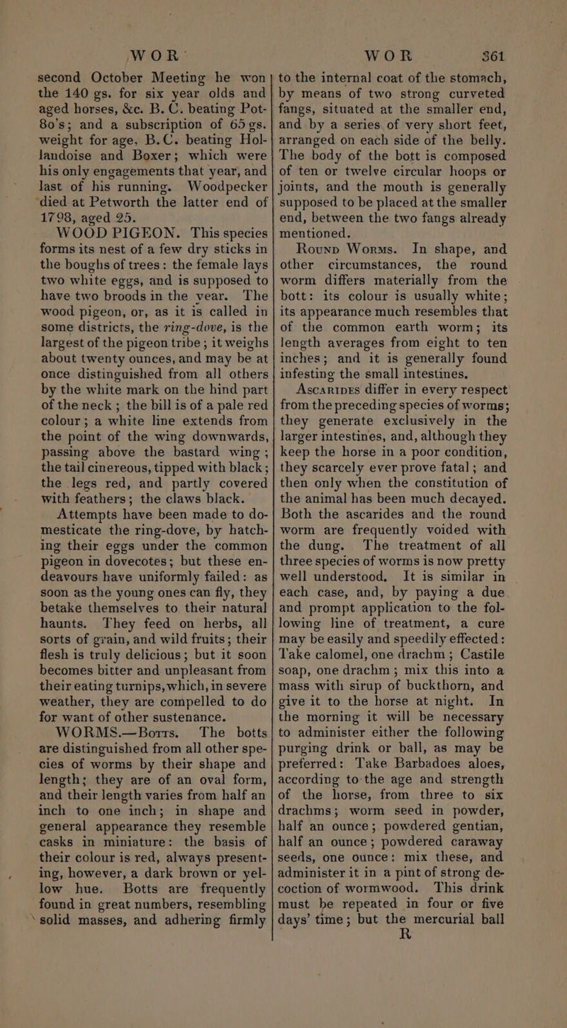 WoR- second October Meeting he won the 140 gs. for six year olds and aged horses, &amp;c. B. C. beating Pot- 80’s; and a subscription of 65 gs. weight for age, B.C. beating Hol- landoise and Boxer; which were his only engagements that year, and last of his running. Woodpecker ‘died at Petworth the latter end of 1798, aged 25. WOOD PIGEON. This species forms its nest of a few dry sticks in the boughs of trees: the female lays two white eggs, and is supposed to have two broods in the vear. The wood pigeon, or, as it is called in some districts, the ring-dove, is the largest of the pigeon tribe ; it weighs about twenty ounces, and may be at once distinguished from all others by the white mark on the hind part of the neck ; the bill is of a pale red colour; a white line extends from the point of the wing downwards, passing above the bastard wing ; the tail cinereous, tipped with black ; the legs red, and partly covered with feathers; the claws black. Attempts have been made to do- mesticate the ring-dove, by hatch- ing their eggs under the common pigeon in dovecotes; but these en- deavours have uniformly failed: as soon as the young ones can fly, they betake themselves to their natural haunts. They feed on herbs, all sorts of grain, and wild fruits; their flesh is truly delicious; but it scon becomes bitter and unpleasant from their eating turnips, which, in severe weather, they are compelled to do for want of other sustenance. WORMS.—Borts. The botts are distinguished from all other spe- cies of worms by their shape and length; they are of an oval form, and their length varies from half an inch to one inch; in shape and general appearance they resemble casks in miniature: the basis of their colour is red, always present- ing, however, a dark brown or yel- low hue, Botts are frequently found in great numbers, resembling ‘solid masses, and adhering firmly WOR 361 to the internal coat of the stomach, by means of two strong curveted fangs, situated at the smaller end, arranged on each side of the belly. The body of the bott is composed of ten or twelve circular hoops or supposed to be placed at the smaller end, between the two fangs already mentioned. Rounp Worms. In shape, and other circumstances, the round worm differs materially from the bott: its colour is usually white; its appearance much resembles that of the common earth worm; its length averages from eight to ten inches; and it is generally found infesting the small intestines. Ascariprs differ in every respect from the preceding species of worms; they generate exclusively in the larger intestines, and, although they keep the horse in a poor condition, they scarcely ever prove fatal; and then only when the constitution of the animal has been much decayed. Both the ascarides and the round worm are frequently voided with the dung. The treatment of all three species of worms is now pretty well understood, It is similar in each case, and, by paying a due and prompt application to the fol- lowing line of treatment, a cure may be easily and speedily effected: Take calomel, one drachm ; Castile soap, one drachm ; mix this into a mass with sirup of buckthorn, and give it to the horse at night. In the morning it will be necessary to administer either the following purging drink or ball, as may be preferred: Take Barbadoes aloes, according to: the age and strength of the horse, from three to six drachms; worm seed in powder, half an ounce; powdered gentian, half an ounce; powdered caraway seeds, one ounce: mix these, and administer it in a pint of strong de- coction of wormwood. This drink must be repeated in four or five days’ time; but the mercurial ball R