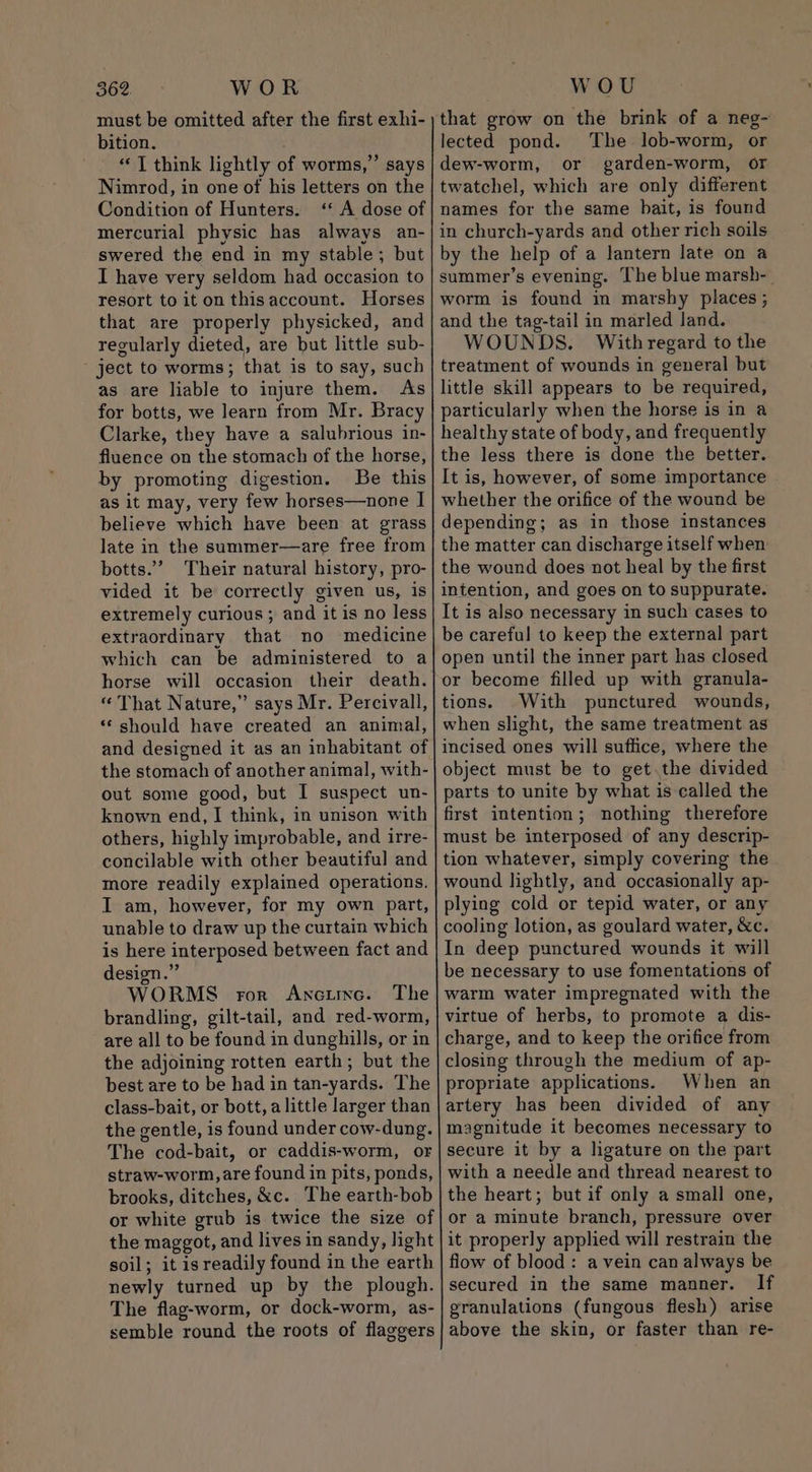 bition. “T think lightly of worms,” says Nimrod, in one of his letters on the Condition of Hunters. mercurial physic has always an- swered the end in my stable; but I have very seldom had occasion to resort to it on thisaccount. Horses that are properly physicked, and regularly dieted, are but little sub- ject to worms; that is to say, such as are liable to injure them. As for botts, we learn from Mr. Bracy Clarke, they have a salubrious in- fluence on the stomach of the horse, by promoting digestion. Be this as it may, very few horses—none I believe which have been at grass late in the summer—are free from botts.”’ Their natural history, pro- vided it be correctly given us, is extremely curious ; and it is no less extraordinary that no medicine which can be administered to a horse will occasion their death. “That Nature,” says Mr. Percivall, “© should have created an animal, and designed it as an inhabitant of the stomach of another animal, with- out some good, but I suspect un- known end, I think, in unison with others, highly improbable, and irre- concilable with other beautiful and more readily explained operations. I am, however, for my own part, unable to draw up the curtain which is here interposed between fact and design.” WORMS ror Ancunc. The brandling, gilt-tail, and red-worm, are all to be found in dunghills, or in the adjoining rotten earth; but the best are to be had in tan-yards. The class-bait, or bott, alittle larger than the gentle, is found under cow-dung. The cod-bait, or caddis-worm, or straw-worm, are found in pits, ponds, brooks, ditches, &amp;c. The earth-bob soil; it is readily found in the earth newly turned up by the plough. The flag-worm, or dock-worm, as- that grow on the brink of a neg- lected pond. The lob-worm, or dew-worm, or garden-worm, OF twatchel, which are only different names for the same bait, is found in church-yards and other rich soils by the help of a lantern late on a summer’s evening. The blue marsh- | worm is found in marshy places ; and the tag-tail in marled land. WOUNDS. With regard to the treatment of wounds in general but little skill appears to be required, particularly when the horse is in a healthy state of body, and frequently the less there is done the better. It is, however, of some importance whether the orifice of the wound be depending; as in those instances the matter can discharge itself when the wound does not heal by the first intention, and goes on to suppurate. It is also necessary in such cases to be careful to keep the external part open until the inner part has closed or become filled up with granula- tions. With punctured wounds, when slight, the same treatment as incised ones will suffice, where the object must be to get.the divided parts to unite by what is called the first intention; nothing therefore must be interposed of any descrip- tion whatever, simply covering the wound lightly, and occasionally ap- plying cold or tepid water, or any cooling lotion, as goulard water, &amp;c. In deep punctured wounds it will be necessary to use fomentations of warm water impregnated with the virtue of herbs, to promote a dis- charge, and to keep the orifice from closing through the medium of ap- propriate applications. When an artery has been divided of any magnitude it becomes necessary to secure it by a ligature on the part with a needle and thread nearest to the heart; but if only a small one, or a minute branch, pressure over it properly applied will restrain the flow of blood: a vein can always be secured in the same manner. If granulations (fungous flesh) arise above the skin, or faster than re-