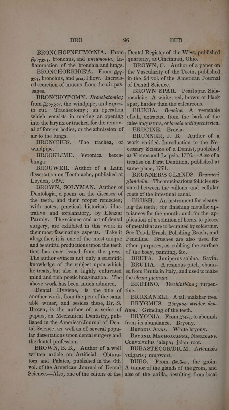 BRONCHOPNEUMO'NIA. From Bpoyxos, bronchus, and pneumonia. In- flammation of the bronchia and lungs. BRONCHORRH’A. From Bpy- wos, bronchus, and pew, I flow. Increas- ed secretion of mucus from the air-pas- sages. BRONCHOT’OMY. Bronchotomia; from Gpoyzos, the windpipe, and reuva, to cut. Tracheotomy; an operation which consists in making an opening into the larynx or trachea for the remov- al of foreign bodies, or the admission of air to the lungs. BRONCHUS. ‘The trachea, or windpipe. BROOKLIME. Veronica _ becca- -bunga. BROUWER. Author of a Latin dissertation on Tooth-ache, published at Leyden, 1692. BROWN, SOLYMAN. Author of Dentologia, a poem on the diseases of the teeth, and. their proper remedies ; with notes, practical, historical, ilus- trative and explanatory, by Eleazar Parmly. Thescience and art of dental surgery, are exhibited in this work in their most fascinating aspects. Take it altogether, it is one of the most unique and beautiful productions upon the teeth that has ever issued from the press. The author evinces not only a scientific knowledge of the subject upon which he treats, but also a highly cultivated mind and rich poetic imagination. The above work has been much admired. Dental Hygiene, is the title of another work, from the pen of the same able writer, and besides these, Dr. S. Brown, is the author of a series of papers, on Mechanical Dentistry, pub- lished in the American Journal of Den- tal Science, as well as of, several popu- lar dissertations upon dental surgery and the dental profession. BROWN, B.B., Author of a well written article on Artificial Obtura- tors and Palates, published in the 6th vol. of the American Journal of Dental Science.—Al|so, one of the editors of the Dental Register of the West, pith quarterly, at Cincinnati, Ohio. BROWN, C. Author of a paper on in the 2d vol. of the American J ournal of Dental Science. BROWN SPAR. Pearl spar. Side- roculcite. A white, red, brown or black spar, harder than the calcareous. BRUCIA. Brucine. A vegetable y false angustura, or brucia antidysenterica. BRUCINE. Brucia. BRUNNER, J. B. Author of a work entitled, Introduction to the Ne- cessary Science of a Dentist, published at Viennaand Leipsic, 1766.—Also ofa treatise on First Dentition, published at same place, 1771. BRUNNER’S GLANDS. Brunnert glandule. The muciparious follicles sit- uated between the villous and cellular coats of the intestinal canal. BRUSH. An instrument for cleans- ing the teeth ; for finishing metallic ap- pliances for the mouth, and. for the ap- plication of a solution of borax to pieces of metal that are to be united by soldering. See Tooth Brush, Polishing Brush, and Pencillus. Brushes are also used for other purposes, as rubbing the surface of the body, painting, &amp;e. BRUTA. J uniperus sabina. Savin. BRUTIA. A resinous pitch, obtain- ed from Brutia in Italy, and used to make the olewm picinum. tine. BRUXANELI. A tall malabar tree. BRYGMUS. Bévypos, stridor den- tium. Grinding of the teeth. BRYO’'NIA. From Gpvw, to abound, from its abundance. Bryony. Bryonta AuBa. White bryony. Bryonta Mecnoacanna, NiGRICANS. Convolvulus jalapa; jalap root. BUBASTECOR’DIUM. Artemisia vulgaris ; mugwort. BUBO. From fov6wr, the groin. A tumor of the glands of the groin, and also of the axilla, resulting from local