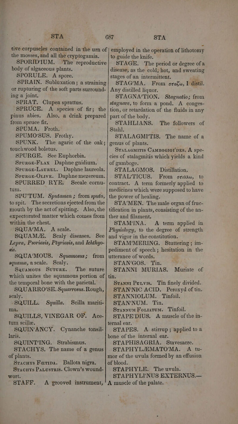 tive corpuscles contained in the urn of the mosses, and all the cryptogamia. SPORID’IUM. ‘The reproductive body of algaceous plants. SPORULE. A spore. SPRAIN. Subluxation; a straining or rupturing of the soft parts atisrouhde ing a joint. SPRAT. Clupea sprattus. “SPRUCE. A species of fir; the pinus abies. Also, a drink prepared from spruce fir. SPUMA. Froth. SPUMO’SUS. Frothy. SPUNK. ‘The agaric of the oak; touchwood boletus. SPURGE. See Euphorbia. Spuree-Fiax Daphne gnidium. Spurce-Laurext. Daphne laureola. Spuree-Onive. Daphne mezereum. SPURRED RYE. Secale cornu- tum. SPU'TUM. Sputamen ; from sputo, tospit. The secretions ejected from the mouth by the actof spitting. Also, the expectorated matter which comes from within the chest. SQUA/MA. A scale. SQUAM/E. Scaly diseases. See Lepra, Psoriasis, Pityriasis, and Ichthyo- sis. SQUA’MOUS. Squamosus ; squama, ascale. Scaly. Seuamous Suture. ‘The suture which unites the squamous portion of the temporal bone with the parietal. SQUARRO'SE. Squarrosus. Rough, scaly. -SQUILL. Squilla. ma. rn SQUILLS, VINEGAR OF. Ace- tum scille. SQUIN’ANCY. Cynanche tonsil- laris. SQUINT’ING. Strabismus. STACHYS. The name of a genus of plants. Sracuys Faria. Ballota nigra. Sracuys Paxtustris. Clown’s wound- wort. STAFF. from Scilla mariti- A grooved instrument, STA employed in the operation of lithotomy to guide the knife. STAGE. The period or degree ofa disease, as the cold, hot, and sweating stages of an intermittent. STAG’MA. From scrofa, I distil. Any distilled liquor. STAGNA’TION. Stagnatio; from stagnare, to form a pond. A conges- tion, or retardation of the fluids in any part of the body. STAHLIANS. The errors of Stahl. STALAGMI'TIS. The name of a genus of plants. STALAGMITIS CamBogtor'pEs. A spe- cies of stalagmitis which yields a kind of gamboge. STALAGMOS. Distillation. STAL’/TICUS. From orca, to contract. A term formerly applied to medicines which were supposed to have the power of healing. STA’MEN. The male organ of fruc- tification in plants, consisting of the an- ther and filament. STAM'INA. A term applied in Physiology, to the degree of strength and vigor in the constitution. STAM’MERING. Stuttering ; im- pediment of speech ; hesitation in the utterance of words. STAN’GOS. Tin. STANNI MURIAS. Muriate of tin. Sranni Puxvis. Tin finely divided. STAN’NIC ACID. Peroxyd of tin. STANNIOLUM. | Tinfoil. STAN’NUM. Tin. Srannum Fouiarum. Tinfoil. STAPE’DIUS. A muscle of the in- ternal ear. STAPES. A stirrup ; applied to a bone of the internal ear. STAPHISAGRIA. Stavesacre. STAPHYLAEMATOMA. A tu- mor of the uvula formed by an effusion of blood. STAPHYLE. The uvula. STAPHYLI'NUS EXTERNUS.— A muscle of the palate.