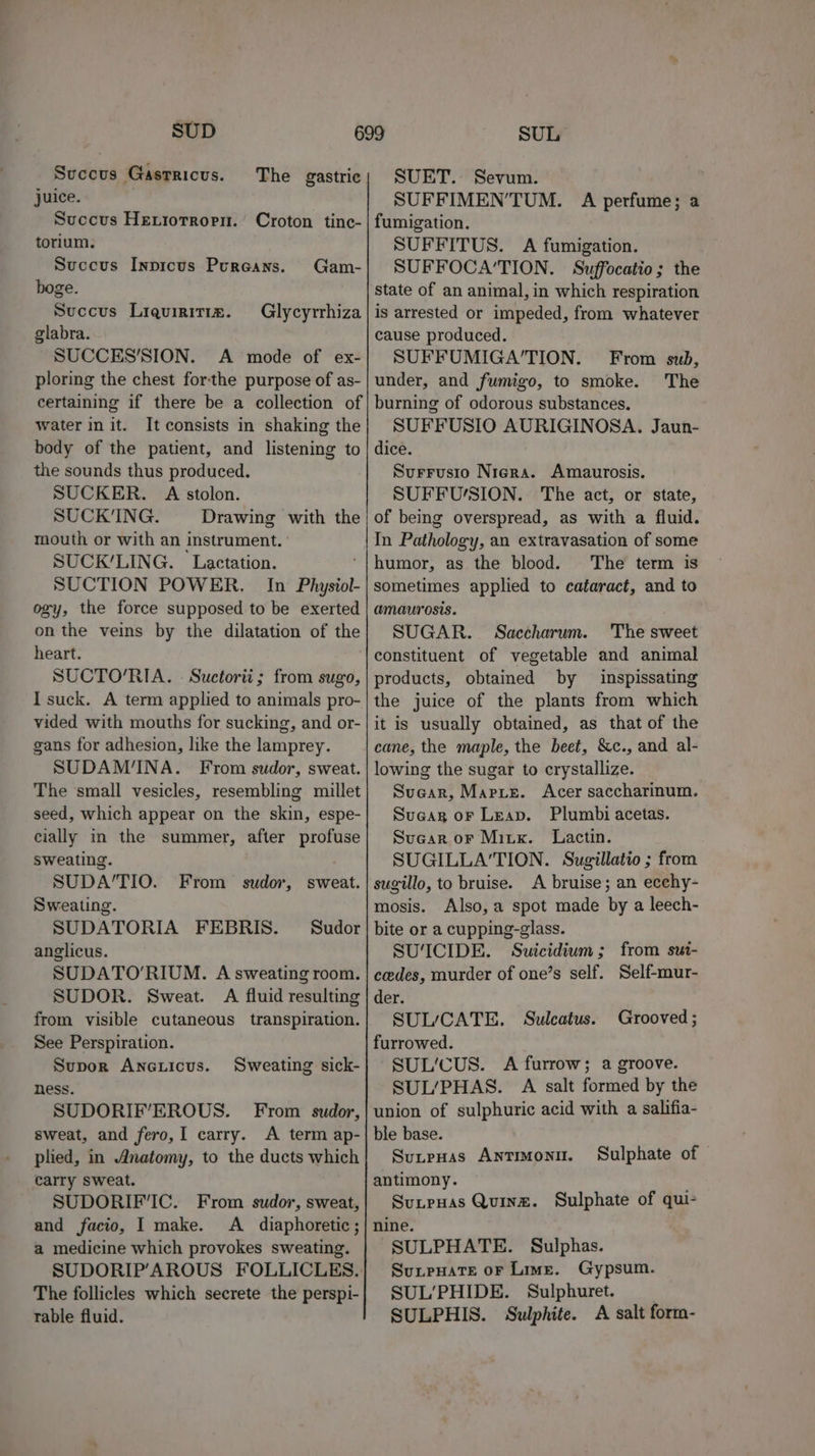 SUD Succus Gasrricus. juice. ) Succus HeEtiorropi. torium. Succus Inprcus Pureans. boge. Succus Liquiritia. glabra. SUCCKES’SION. A mode of ex- ploring the chest forthe purpose of as- certaining if there be a collection of water init. It consists in shaking the body of the patient, and listening to the sounds thus produced. SUCKER. A stolon. SUCKING. Drawing with the mouth or with an instrument. SUCK’LING. Lactation. SUCTION POWER. In Physiol- ogy, the force supposed to be exerted on the veins by the dilatation of the heart. SUCTO’RIA. - Suctorit; from sugo, I suck. A term applied to animals pro- vided with mouths for sucking, and or- gans for adhesion, like the lamprey. SUDAM/INA. From sudor, sweat. The small vesicles, resembling millet seed, which appear on the skin, espe- cially in the summer, after profuse The gastric Croton tinc- Gam- Glycyrrhiza sweating. SUDA’TIO. From sudor, sweat. Sweating. SUDATORIA FEBRIS. Sudor anglicus. SUDATO’RIUM. A sweating room. SUDOR. Sweat. A fluid resulting from visible cutaneous transpiration. See Perspiration. Supor ANGLIcus. ness. SUDORIF’EROUS. From sudor, sweat, and fero, I carry. A term ap- plied, in Anatomy, to the ducts which carry sweat. SUDORIF'IC. From sudor, sweat, and facio, I make. A diaphoretic ; a medicine which provokes sweating. SUDORIP’AROUS FOLLICLES. The follicles which secrete the perspi- rable fluid. Sweating sick- SUL SUET. Sevum. SUFFIMEN’TUM. A perfume; a fumigation. SUFFITUS. A fumigation. SUFFOCA’TION. Suffocatio; the state of an animal, in which respiration is arrested or impeded, from whatever cause produced. SUFFUMIGA’TION. From sub, under, and fumigo, to smoke. The burning of odorous substances. SUFFUSIO AURIGINOSA. Jaun- dice. Surrusio Nigra. Amaurosis. SUFFU/SION. The act, or state, of being overspread, as with a fluid. In Pathology, an extravasation of some humor, as the blood. The term is sometimes applied to cataract, and to amaurosis. SUGAR. Saccharum. The sweet constituent of vegetable and animal products, obtained by inspissating the juice of the plants from which it is usually obtained, as that of the cane, the maple, the beet, &amp;c., and al- lowing the sugar to crystallize. Suear, Marie. Acer saccharinum. Sueag or Leap. Plumbi acetas. Sucar or Minx. Lactin. SUGILLA'TION. Sugillatio ; from sugillo, to bruise. A bruise; an ecchy- mosis. Also, a spot made by a leech- bite or a cupping-glass. SUICIDE. Suicidium; from sut- ceedes, murder of one’s self. Self-mur- der. SUL/CATE. Sulcatus. Grooved ; furrowed. SUL'CUS. A furrow; a groove. SUL/PHAS. A salt formed by the union of sulphuric acid with a salifia- ble base. SutpHas ANTIMONII. antimony. SunpHas Quine. Sulphate of qui- nine. SULPHATE. Sulphas. SuupHate or Lime. Gypsum. SUL’PHIDE. Sulphuret. SULPHIS. Sulphite. A salt form- Sulphate of