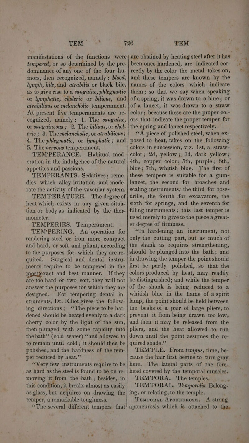 TEM = * manifestations of the functions were tempered, or so determined by the pre- dominance of any one of the four hu- mors, then recognized, namely : blood, lymph, bile,and atrabilis or black bile, as to give rise to a sanguine, phlegmatic or lymphatic, choleric or bilious, and airabilious or melancholic temperament. At present five temperaments are re- ~cognized, namely: 1. The sanguine, or sanguineous ; 2. The bilious, or chol- eric; 3. The melancholic, or atrabilious ; 4. The phlegmatic, or lymphatic; and 5. The nervous temperament. TEM’PERANCE. . Habitual mod- eration in the indulgence of the Hewusal appetites and passions. TEMPERANTS. Sedatives; reme- dies which allay irritation and mode- rate the activity of the vascular system. TEM’PERATURE. The degree of heat which.exists in any given situa- ‘tion or body as indicated by the ther- mometer. TEMPERIES. Temperament. TEM’/PERING. An operation for rendering steel or iron more compact and hard, or soft and pliant, according to the purposes for which they are re- quired. Surgical and dental instru- ments require to be tempered in the exact and best manner. If they are too hard or two soft, they will not answer the purposes for which they are designed. For tempering dental in- struments, Dr. Elliot gives the follow- ing directions: ‘The piece to be har- dened should be heated evenly to a dark cherry color by the light of the sun, then plunged with some rapidity into the bath”’ (cold water) ‘“‘and allowed to to remain until cold; it should then be polished, and the hardness of the tem- per reduced by heat.” “Very few instruments require to be as hard as the steel is found to be on re- moving it from the bath; besides, in this condition, it breaks ainsions as easily as glass, but acquires on drawing the temper, a remarkable toughness. **The several different tempers. that TEM are obtained by heating steel after it has been once hardened, are indicated cor- rectly by the color the metal takes on, and these tempers are known by the names of the colors which indicate them; so that we say when speaking of a spring, it was drawn to a blue; or of a lancet, it was drawn to a straw color; because these are the proper col- ors that indicate the proper temper for the spring and lancet respectively. **A piece of polished steel, when ex- posed to heat, takes on the following colors in succession, viz. Ist, a straw- color; 2d, yellow; 3d, dark yellow; 4th, copper color; 5th, purple; 6th, blue; 7th, whitish blue. The first of these tempers is suitable for a gum- lancet, the second for broaches and scaling instruments; the third for rose- drills, the fourth for excavators, the sixth for springs, and the seventh for filling instruments ; this last temper is used merely to give to the piece a great- er degree of firmness. ‘In hardening an instrument, not only the cutting part, but as much of the shank as requires strengthening, should be plunged into the bath; and in drawing the temper the point should first be partly polished, so that the colors produced by heat, may readily be distinguished; and while the temper of the shank is being reduced to a whitish blue in the flame of a spirit lamp, the point should be held between the beaks of a pair of large pliers, to prevent it from being drawn too low, and then it may be released from the pliers, and the heat allowed to run down until the point assumes the re- quired shade.”’ TEM’PLE. From tempus, time, be- cause the hair first begins to turn gray here. The lateral parts of the fore- head covered hy the temporal muscles. TEM’/PORA. Thetemples. | , TEM’PORAL. Temporalis. Belong- ing, or relating, to the temple. ; TeMPoRAL AponEvROsIs. A strong aponeurosis which is attached to the,