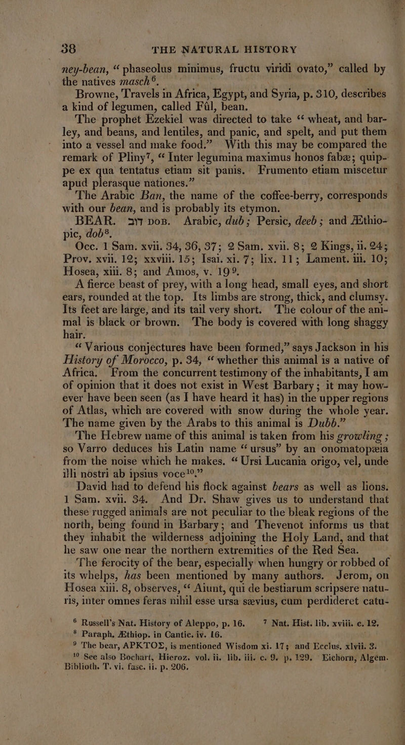 ney-bean, * phaseolus minimus, fructu viridi ovato, called by the natives masch. eek Browne, Travels in Africa, Egypt, and Syria, p. 310, describes a kind of legumen, called Fl, bean. The prophet Ezekiel was directed to take ** wheat, and bar-- ley, and beans, and lentilles, and panic, and spelt, and put them into a vessel and make food.” With this may be compared the remark of Pliny’, * Inter legumina maximus honos fabe; quip- pe ex qua tentatus etiam sit panis. Frumento etiam miscetur apud plerasque nationes. The Arabic Ban, the name of the coffee-berry, corresponds with our bean, and is probably its etymon. BEAR. 23 vos. Arabic, dub; Persic, deeb; and Aithio- pic, dob. | 4 Occ. 1 Sam. xvii. 34, 36, 37; 2 Sam. xvn. 8; 2 Kings, 11. 24; Prov. xvii. 12; xxviii. 15; Isai. xi. 7; lix. 11; Lament. ii, 105. Hosea, xiii. 8; and Amos, v. 199. A fierce beast of prey, with a long head, small eyes, and short ears, rounded at the top. Its limbs are strong, thick, and clumsy. Its feet are large, and its tail very short. The colour of the ani- mal is black or brown. ‘The body is covered with long shaggy hair. * Various conjectures have been formed, says Jackson in his History of Morocco, p. 34, ** whether this animal is a native of Africa. From the concurrent testimony of the inhabitants, [ am of opinion that it does not exist in West Barbary ; it may how- ever have been seen (as I have heard it has) in the upper regions of Atlas, which are covered with snow during the whole year. The name given by the Arabs to this animal is Dubd.” The Hebrew name of this animal is taken from his growling ; so Varro deduces his Latin name “ ursus by an onomatopzia from the noise which he makes. “ Ursi Lucania origo, vel, unde illi nostri ab ipsius voce!9. David had to defend his flock against bears as well as lions. 1 Sam. xvii. 34. And Dr. Shaw gives us to understand that these rugged animals are not peculiar to the bleak regions of the north, being found in Barbary; and Thevenot informs us that they inhabit the wilderness adjoining the Holy Land, and that he saw one near the northern extremities of the Red Sea. The ferocity of the bear, especially when hungry or robbed of its whelps, has been mentioned by many authors. Jerom, on Hosea xiii. 8, observes, ** Aiunt, qui de bestiarum scripsere natu- ris, inter omnes feras nihil esse ursa seevius, cum perdideret catu- 9 Russell's Nat. History of Aleppo, p. 16. 7 Nat. Hist. lib. xviii. c. 12, * Paraph. Athiop. in Cantic. iv. L6. | ? The bear, APKTOE, is mentioned Wisdom xi. 17; and Ecclus. xlvii. 3. !? See also Bochart, Hieroz. vol. ii. lib. iii. c. 9. p.129, Eichorn, Algem.