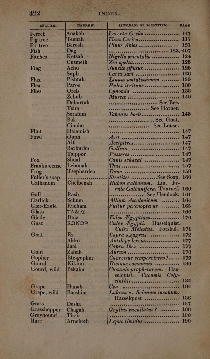 Ferret Fig-tree Fir-tree Fish . Fitches Flag Flax Flea Flies Flint Fowl Fox Frog Fuller's soap Galbanum Gall Garlick Gier-Eagle Glass Glede Gnat Goat Gold Gopher Gourd Gourd, wild Grape wr rape, wild Grass Grasshopper Hare Anakah Teenah Berosh Dag .— Ketsah : Cusmeth Suph — Pishtah Paros Oreb Zebub Deburrah Tsira Serabim Bak Cinnim Halamish Ouph Ait Barburim Tsippor Shual Lebonah Tsephardea Chelbenah Rash Schum Racham TAAOS Daja KQNQY Ez Akko Jaal Zahab. . Etz-gopher Kikiun Hanab Baeshim Desha Chagab Tirsir Arnebeth Lacerta: Geckó s... -..... ve es 117 Ficus SORE NG MAE 117 Pinus Abies ..........5... + Lae v PUERO IS P PITCH bd Rea quA 23, 407 Nigella nrientotien :ectseequriss Lae Zea spelta........ eee eese eee. 125 Juncus effusus. Ja dosevas eei o 1 1D Caréx sar Aute essssses 126 Linum usitatissimum ......... 130 Pulled tr rit ans ............ ee. 138 Cynomia ........ e eene rer, 198 Musce HOVE AERA: . 140 NUES PUT TLE DE SOR AES See Ber! TU . See Hornet. Tübónts bovis YT B b» vuetea’ . 145 aso cora seoeeeeee 8e€e Gnat. 09 TA esos, Dee Louse. E SCUSA, co In P NUT AVES sesseoee Ud wa Uu x a be esoss s LAG Accipitres.......... A ee . 147 Galline , ...cccsvecee TONNMA Soames 147 Passeres ........ Oa MATOS. $eovo had Canis.schacal. 5. eer sa on 147 DINE dax kasM SR MO PER AE E meet iy Rana ..... FORES CORTE TRES 158 Steatites si... S el See Soap. 160 Bubon galbanum. Lin. Fe- rula Galbanifera. 'Tournef. 160 Oe Menara ig See Hemlock. 161 Allium Ascalonicum . ......-.. 164 Vultur percnopterus | ......... 165 dole ai o saper d OREL ERE ps ioo esa CONRAD Falco Aig yptiaca............... 170 Culex Zigypti. Hasselquist. Culex Molestus. Forskal.. 171 Capra egagrus «eee 172 Antilope lervia.................. 177 Capra: Ibex dades 177 ABEUN, ssa pihedie UH MAIRIE Sn 178 Cupressus sempervirens ?....... 179 Ricinus communis ........-..... 180 Cucumis prophetarum. | Has- selquist. Cucumis Coly- CURE his divin cua de Fon oo BR 184 FFG sin's ssc y sos tRavernswss eee 184 Labrusca. Solanum incanum. Hasselquist «lé dee eui é av 186 Gryllus cucullatus ? .. 188 Lis pve mtm LS dues UIT 190 F EN - ad