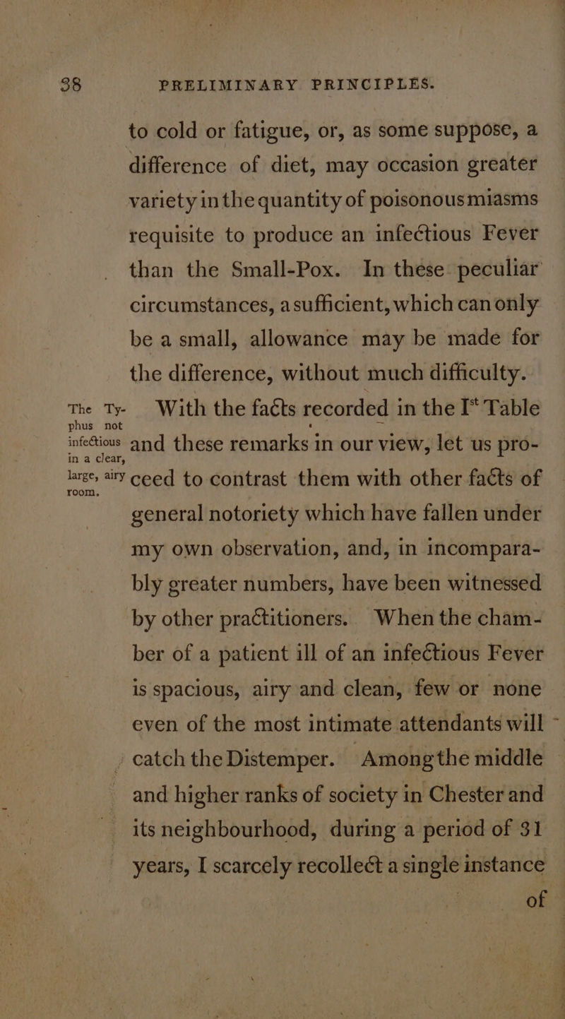 The Ty- phus not infectious in a clear, large, Bs to cold or fatigue, or, as some suppose, a difference of diet, may occasion greater variety inthe quantity of poisonous miasms requisite to produce an infectious Fever than the Small-Pox. In these peculiar circumstances, asufficient, which can only be a small, allowance may be made for the difference, without much difficulty. With the facts recorded in the I* Table and these remarks in our view, let us pro- ceed to contrast them with other facts of general notoriety which have fallen under my own observation, and, in incompara- bly greater numbers, have been witnessed by other prattitioners. When the cham- ber of a patient ill of an infectious Fever is spacious, airy and clean, few or none even of the most intimate attendants will - its neighbourhood, during a period of 31 years, I scarcely recollect a single instance | of