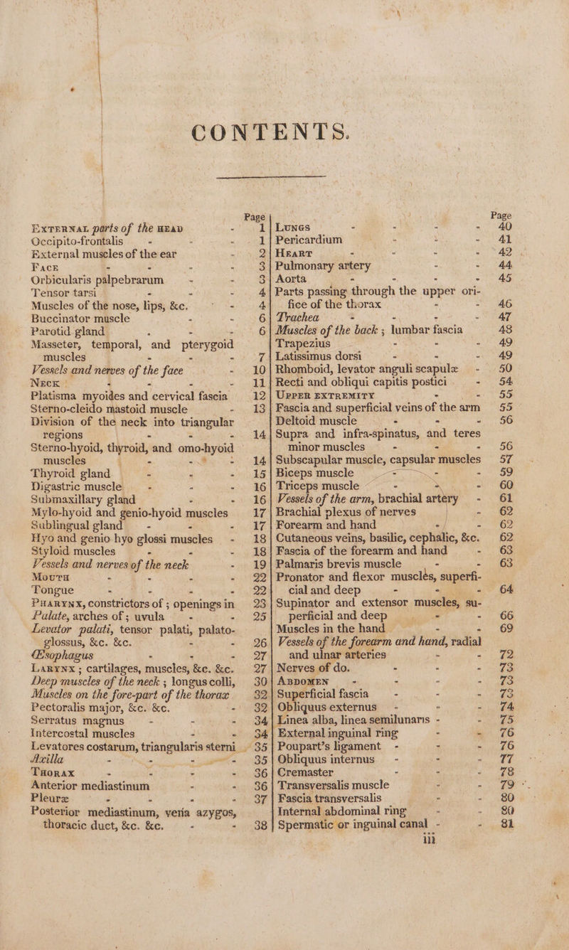 EXTERNAL parts of the weap . Occipito-frontalis - Be eda External muscles of the ear Facr - - - Orbicularis palpebrarum - - Tensor tarsi - - - Muscles of the nose, lips, &amp;c. ——- Buccinator muscle a “ Parotid gland Masseter, temporal, ‘and _ pterygoid muscles Vessels and nerves of fhe face - Neck ~ 4 2 Platisma myoides wick cer vical fascia Sterno-cleido mastoid muscle ° Division of the neck into wriangelar regions muscles - Thyroid gland - - - Digastric muscle - - “ Submasillary gland - Mylo-hyoid and genio-hyoid muscles Sublingual gland —- S P Hyo and genio hyo glossi muscles —- Styloid muscles . ‘é Vessels and nerves of the neck - Moura - : - - Tongue Se Ge PHARYNX, constrictors of ; openings in in Palate, arches of ; uvula - - Levator palati, tensor palati, palato- glossus, &amp;c. &amp;e. - - (Esophagus - - - Larynx ; cartilages, muscles, &amp;c. &amp;c. Deep muscles of the neck ; longus colli, Muscles on the fore-part of the thorax Serratus magnus = Pi = Intercostal muscles * Axilla - - a vaste THorax - is . - Anterior mediastinum - > Pleure eome C ‘ Posterior mediastinum, vetia azygos, thoracic duct, &amp;c. &amp;e. = - ia) Sy oS © BS ano Ba Lunes - - - - Pericardium Oe > - Hearr - - - - Pulmonary atery - - Aorta : Parts passing thr ough the upper ori- fice of the thorax Trachea - - Muscles of the back ; lumbar Pistia Trapezius - . Latissimus dorsi - - - Rhomboid, levator anguliscapule — - UPPER EXTREMITY - Fascia and superficial veins ap the arm Deltoid muscle - - | Supra and infra-spinatus, and teres minor muscles - = : Subscapular muscle, capsular muscles Biceps muscle § = - - Triceps muscle <_- - aN Vessels of the arm, brachial art ry - Brachial plexus of nerves - Forearm and hand : - Cutaneous veins, basilic, cephalic, &amp;c. Palmaris brevis muscle Pronator and flexor ee superfi- cial and deep - 2 a Supinator and extensor muscles, su- perficialanddeep ss - Vessels of the forearm and hand, radial Nerves of do. - - - ABDOMEN - - - - Obliquus externus — - Pea’ Cremaster - . 4 Transversalis muscle - - Fascia transversalis is Spermatic or inguinal canal - oe il