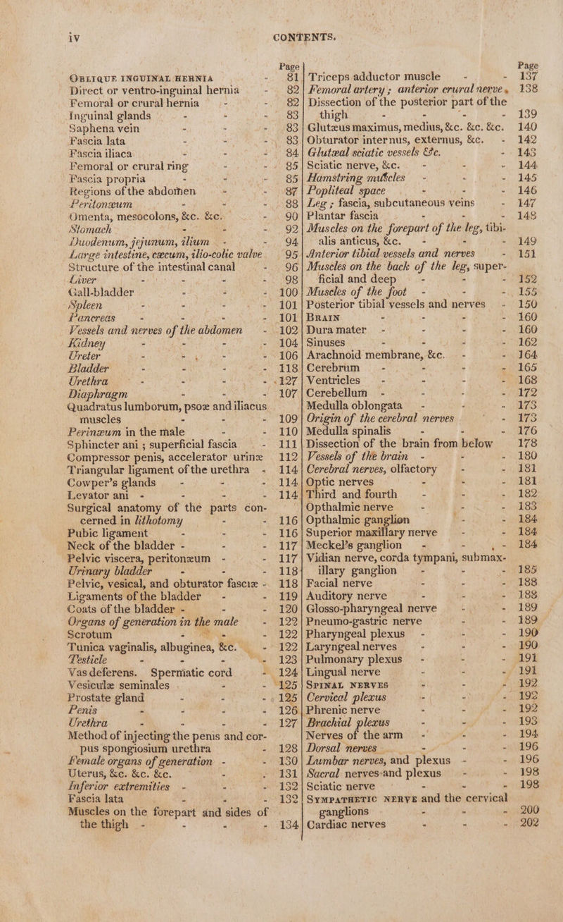 - OBLIQUE INGUINAL HERNIA - Direct or ventro-inguinal hernia - Femoral or crural hernia - : Saphena vein - : F Fascia iliaca . . 4 Fascia propria i ¥ + Regions of the abdomen - - Omenta, mesocolons, &amp;c. ke. - Stomach - - Huodenum, jejunum, isin Bee a Large intestine, cecum, ilio-colic valve Structure of the intestinal canal __- Liver - - - - Vessels and nerves of the abdomen - | Kidney  A : % Bladder - “ Pat Urethra: .- us iu, 5 ae Diaphragm - . muscles Perinzum in the ride ae - Sphincter ani ; superficial fascia - Compressor penis, accelerator urinz Triangular ligament ofthe urethra - Cowper’s glands - - - Levator ani - - - - Surgical anatomy of the parts con- cerned in lithotomy — - - Pubic ligament - - - Neck of the bladder - - - Pelvic viscera, peritoneum - - Urinary bladder - - Pelvic, vesical, and chineatot fascie - Ligaments of the bladder - - Coats of the bladder - - - Organs of generation in 4 male - Scrotum - Tunica vaginalis, PO we - Testicle - - - * Vasdeferens. Spermiatic cord - Vesicule seminales . Penis - - - - Urethra . Method of injecting thie penis ‘aad cor- pus spongiosium urethra : female organs of generation - : Uterus, &amp;e. &amp;e. &amp;e. > Inferior extremities. - - . Fascia lata - - the thigh - : , : Femoral artery ; anterior crural nerve » Dissection of the posterior part of the thigh - - - - Glutzus maximus, medius, &amp;c. &amp;c. &amp;e. Glutexal sciatic vessels Efe. f Hamstring mufcles — - :  Popliteal space - . ve Leg ; fascia, subcutaneous veins . Plantar fascia Muscles on the forepart of the he, titi. -alis anticus, &amp;c. - Anterior tibial vessels and nerves ficial and deep - . Muscles of the foot - - : Posterior tibial yessels and nerves - BRaiIn - i x ts Duramater - - - - Sinuses - Ue : a Arachnoid membrane, &amp;c.—- “ Ventricles : . f Cerebellum - : A Origin of the cerebral nerves eae Medulla spinalis - - Dissection of the brain from helow Vessels of the brain - . - Cerebral nerves, olfactory _—_- - | Optic nerves - + - Opthalmic ganglion - - Superior maxillary nerve - - Meckel’s ganglion - - Ns Vidian nerve, corda tympani, submax- illary ganglion - - - Facial nerve - - - Auditory nerve ——- - - Glosso-pharyngeal nerve ~ - Pharyngeal plexus” - ; : Laryngealnerves — - . . Pulmonary plexus - - . Lingual nerve - - - SPINAL NERVES - . Z Brachial plexus - - - Nerves of thearm < 4 Dorsal nerves. 5 - Lumbar nerves, and plexus . - Sacral nerves-and plexus Sciatic nerve - * ~ SYMPATHETIC NERVE and the ponwioal ganglions - - ‘ Cardiac nerves s i . Page 137 138 139 140 142 145 144, 145 146 147 148 149 a5 152 150 160 160 162 164 165 168 172 173 173 176 178 180 181 181 182 183 184 184 184 185 188 188 189 189 190 190 191 191 192 192 193 194 196 196 198 198 200 202