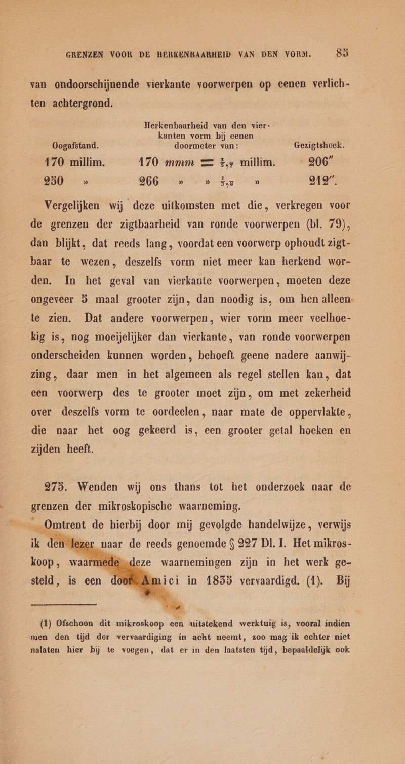 GRENZEN VOOR DE HERKENBAABHEID VAN DEN YORM. 83 van ondoorschijnende vierkante voorwerpen op eenen verlich- ten achtergrond. Herkenbaarheid van den vier- kanten vorm bij eenen Oogafstand. doormeter van: Gezigtshoek. 470 millim. 170 mmm = 3,7 millim. 906 950 » 966 » Sr » 919”. Vergelijken wij deze uitkomsten met die, verkregen voor de grenzen der zigtbaarheid van ronde voorwerpen (bl. 79), dan blijkt, dat reeds lang, voordat een voorwerp ophoudt zigt- baar te wezen, deszelfs vorm niet meer kan herkend wor- den. In het geval van vierkante voorwerpen, moeten deze ongeveer 3 maal grooter zijn, dan noodig is, om hen alleen. te zien. Dat andere voorwerpen, wier vorm meer veelhoe- kig is, nog moeijelijker dan vierkante, van ronde voorwerpen onderscheiden kunnen worden, behoeft geene nadere aanwij- zing, daar men in het algemeen als regel stellen kan, dat een voorwerp des te grooter moet zijn, om met zekerheid over deszelfs vorm te oordeelen, naar mate de oppervlakte , die naar het oog gekeerd is, een grooter getal hoeken en zijden heeft. 275. Wenden wij ons thans tot het onderzoek naar de grenzen der mikroskopische waarneming. ik den er naar de reeds genoemde § 227 DI. I. Het mikros- koop, waarmede deze waarnemingen zijn in het werk ge- steld, is een ‘do Ls Amici in 1853 vervaardigd. (1). By (1) Ofschoon dit mikroskoop een wuitstekend werktuig is, vooral indien men den tijd der vervaardiging in acht neemt, zoo mag ik echter niet nalaten hier by te voegen, dat er in den laatsten tijd, bepaaldelyk ook
