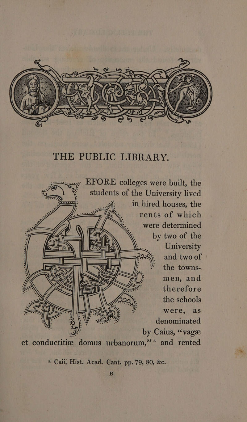 &lt;7 EFORE colleges were built, the students of the University lived y in hired houses, the rents of which were determined by two of the University and two of the towns- men, and therefore the schools were, as denominated LD. by Caius, “vagee et conductitize domus urbanorum,’’* and rented | Th 5 = U . @ Caii, Hist. Acad. Cant. pp. 79, 80, &amp;c. B