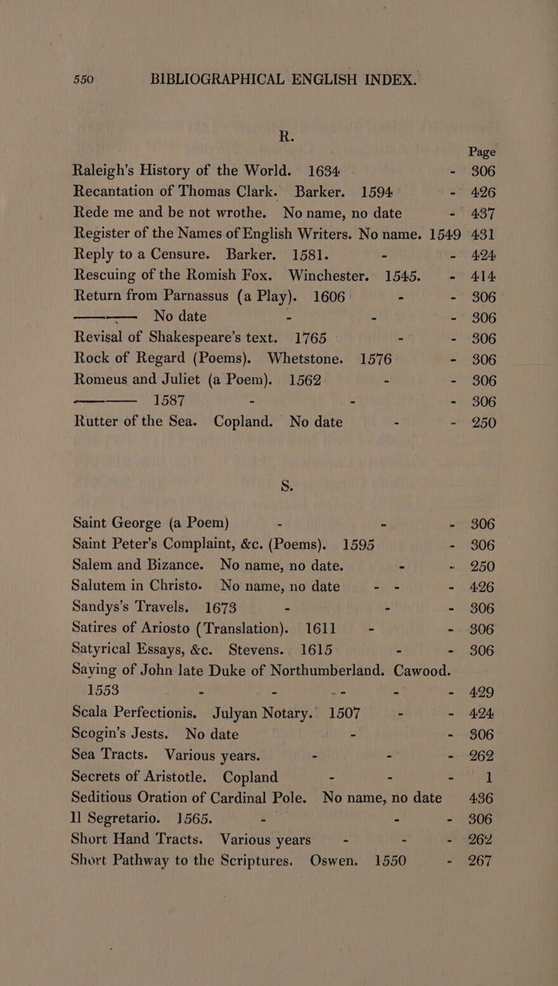 R. Raleigh’s History of the World. 1634 . Recantation of Thomas Clark. Barker. 1594 - Rede me and be not wrothe. No name, no date - Register of the Names of English Writers. No name. 1549 Reply to a Censure. Barker. 1581. - - Rescuing of the Romish Fox. Winchester. 1545. = Return from Parnassus (a Play). 1606 - - 7 No date - - - Revisal of Shakespeare’s text. 1765 a . Rock of Regard (Poems). Whetstone. 1576 - Romeus and Juliet (a Poem). 1562 - : 1587 = - - Rutter of the Sea. Copland. No date - S. Saint George (a Poem) - . : Saint Peter’s Complaint, &amp;c. (Poems). 1595 - Salem and Bizance. No name, no date. - Salutem in Christo. No name, no date - = . Sandys’s Travels. 1673 - - - Satires of Ariosto (Translation). 1611 - - Satyrical Essays, &amp;c. Stevens. 1615 - ; Saving of John late Duke of Northumberland. Cawood. 1553 - - a - - Scala Perfectionis. Julyan Notary.’ 1507 - Scogin’s Jests. No date  - Sea Tracts. Various years. - - - Secrets of Aristotle. Copland - : Seditious Oration of Cardinal Pole. No name, no date I] Segretario. 1565. - - - Short Hand Tracts. Various years * - - Short Pathway to the Scriptures. Oswen. 1550 - Page 306 426 437 431 424: 4.14 306 306 306 306 306 306 250