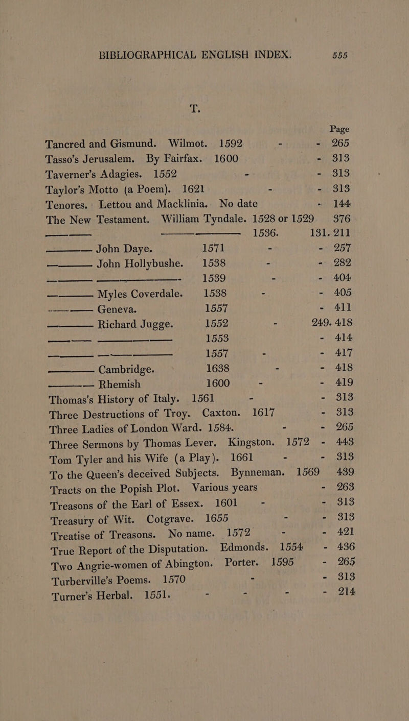 T. Tancred and Gismund. Wilmot. 1592 - Tasso’s Jerusalem. By Fairfax. 1600 Taverner’s Adagies. 1552 - Taylor’s Motto (a Poem). 1621 - Tenores. Lettou and Macklinia.. No date — 1536. ———__—. John Daye. 1571 - — John Hollybushe. 1538 - —_—_——_ — - 1539 - — Myles Coverdale. 1538 - -— Geneva. 1557 — Richard Jugge. 1552 - — —— — 1553 —_——_——_—__ ——- 1557 - — Cambridge. 1638 - — Rhemish 1600 - Thomas’s History of Italy. 1561 - Three Destructions of Troy. Caxton. 1617 Three Ladies of London Ward. 1584. - Tom Tyler and his Wife (a Play). 1661 - To the Queen’s deceived Subjects. Bynneman. Tracts on the Popish Plot. Various years Treasons of the Earl of Essex. 1601 - Treasury of Wit. Cotgrave. 1655 - Treatise of Treasons. Noname. 1572 - Two Angrie-women of Abington. Porter. 1595 Turberville’s Poems. 1570 - Turner’s Herbal. 1551. - : - 131. 555 Page 265 313 313 alo 144 376 211 257 282 4.04: 405 411 414: ALT 418 419 GLa 313 265 443 SLO 439 263 S13 313 AQ] 4:36 265 313 214
