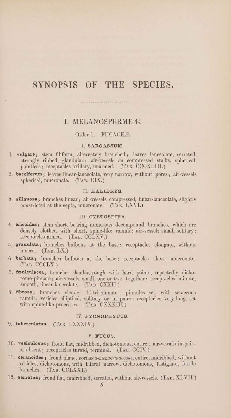SYNOPSIS OF THE SPECIES. APPR EPALRLEI PILE L ILS Il. MELANOSPERME A. Order 1. FUCACEA. I, SARGASSUM. strongly ribbed, glandular; air-vessels on compressed stalks, spherical, pointless ; receptacles axillary, unarmed. (Tas. CCCXLIIT.) bacciferum ; leaves linear-lanceolate, very narrow, without pores; air-vessels spherical, mucronate. (Tas. CIX.) Il, HALIDRYS. constricted at the septa, mucronate. (Tas. LXVI.) Ill. CYSTOSHIRA. densely clothed with short, spine-like ramuli; air-vessels small, solitary ; receptacles armed. (Tas. CCLXV.) mucro. (Tas. LX.) (Taz. CCCLX.) tomo-pinnate; air-vessels small, one or two together; receptacles minute, smooth, linear-lanceolate. (Tas. CXXII.) ramuli; vesicles elliptical, solitary or in pairs; receptacles very long, set with spine-like processes. (Tas. CXXXIII.) IV. PYCNOPHYCUS. V. FUCUS. or absent; receptacles turgid, terminal. (Tas. CCIV.) vesicles, dichotomous, with lateral narrow, dichotomous, fastigiate, fertile branches. (Tas. CCLXXL)