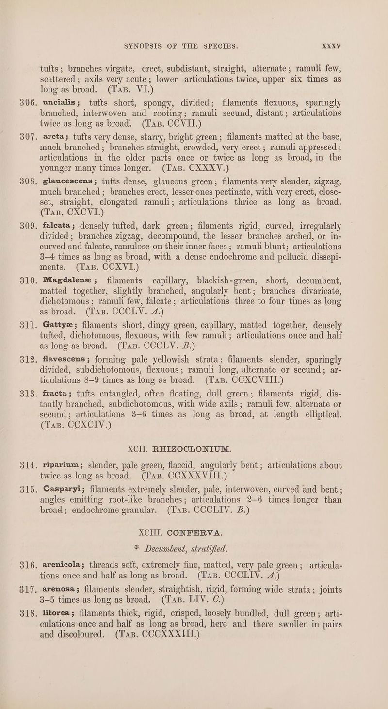 tufts; branches virgate, erect, subdistant, straight, alternate; ramuli few, scattered ; axils very acute; lower articulations twice, upper six times as long as broad. (Tas. VI.) uncialis; tufts short, spongy, divided; filaments flexuous, sparingly branched, interwoven and rooting; ramuli secund, distant; articulations twice as long as broad. (Tas. CCVIL.) arcta; tufts very dense, starry, bright green; filaments matted at the base, much branched; branches straight, crowded, very erect ; ramuli appressed ; articulations in the older parts once or twice as long as broad, in the younger many times longer. (Tas. CXXXV.) glaucescens; tufts dense, glaucous green; filaments very slender, zigzag, much branched; branches erect, lesser ones pectinate, with very erect, close- set, straight, elongated ramuli; articulations thrice as long as broad. (Tas. CXCVI.) falcata; densely tufted, dark green; filaments rigid, curved, irregularly divided; branches zigzag, decompound, the lesser branches arched, or in- curved and falcate, ramulose on their inner faces; ramuli blunt; articulations 3—4 times as long as broad, with a dense endochrome and pellucid dissepi- ments. (Tas. CCXVL.) Magdalene ; filaments capillary, blackish-green, short, decumbent, matted together, slightly branched, angularly bent; branches divaricate, dichotomous; ramuli few, falcate; articulations three to four times as long as broad. (Tas. CCCLV. 2.) Gattyee; filaments short, dingy green, capillary, matted together, densely tufted, dichotomous, flexuous, with few ramuli; articulations once and half as long as broad. (Tas. CCCLV. 8.) flavescens ; forming pale yellowish strata; filaments slender, sparingly divided, subdichotomous, flexuous; ramuli long, alternate or secund; ar- ticulations 8-9 times as long as broad. (Tas. CCXCVIIL.) fracta; tufts entangled, often floating, dull green; filaments rigid, dis- tantly branched, subdichotomous, with wide axils; ramuli few, alternate or secund ; articulations 3-6 times as long as broad, at length elliptical. (Tas. CCXCIV.) XCII. RHIZOCLONIUM. riparium ; slender, pale green, flaccid, angularly bent; articulations about twice as long as broad. (Tas. CCXXXVIIT.) Casparyi; filaments extremely slender, pale, interwoven, curved and bent ; angles emitting root-like branches; articulations 2-6 times longer than broad; endochrome granular. (Tas. CCCLIV. B.) XCHI. CONFERVA. * Decumbent, stratified. arenicola; threads soft, extremely fine, matted, very pale green; articula- tions once and half as long as broad. (Tas. CCCLIV. 2.) arenosa; filaments slender, straightish, rigid, forming wide strata; joints 3-5 times as long as broad. (Tas. LIV. C.) litorea ; filaments thick, rigid, crisped, loosely bundled, dull green; arti- culations once and half as long as broad, here and there swollen in pairs and discoloured. (Tas. COCXXXIII.)
