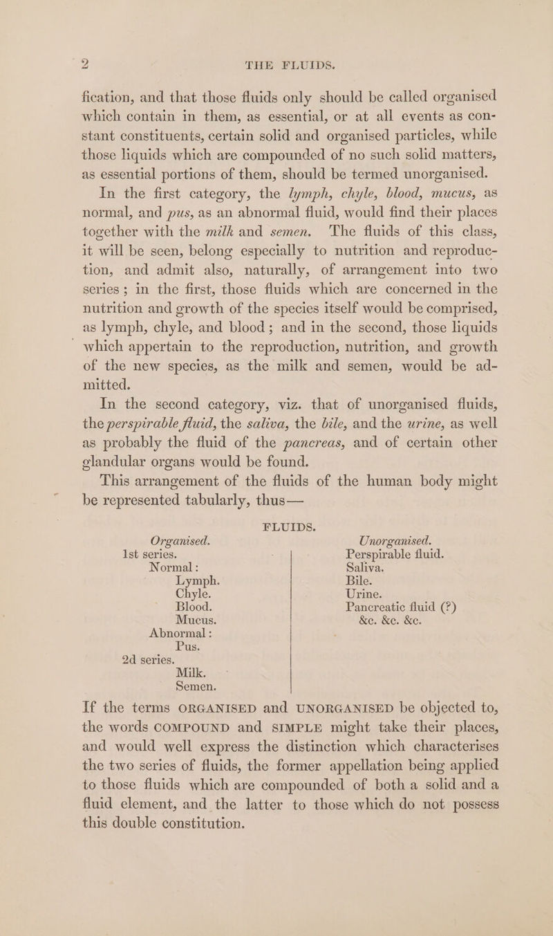 fication, and that those fluids only should be called organised which contain in them, as essential, or at all events as con- stant constituents, certain solid and organised particles, while those liquids which are compounded of no such solid matters, as essential portions of them, should be termed unorganised. In the first category, the lymph, chyle, blood, mucus, as normal, and pus, as an abnormal fluid, would find their places together with the mzlk and semen. ‘The fluids of this class, it will be seen, belong especially to nutrition and reproduc- tion, and admit also, naturally, of arrangement into two series; in the first, those fluids which are concerned in the nutrition and growth of the species itself would be comprised, | as lymph, chyle, and blood; and in the second, those liquids _ which appertain to the reproduction, nutrition, and growth of the new species, as the milk and semen, would be ad- mitted. In the second category, viz. that of unorganised fluids, the perspirable fluid, the saliva, the bile, and the urine, as well as probably the fluid of the pancreas, and of certain other elandular organs would be found. This arrangement of the fluids of the human body might be represented tabularly, thus — FLUIDS. Organised. Unorganised. ist series. : Perspirable fluid. Normal: Saliva. Lymph. Bile. Chyle. Urine. Blood. Pancreatic fluid (?) Mucus. &amp;E. ce. Ke: Abnormal : Pus. 2d series. Milk. Semen If the terms ORGANISED and UNORGANISED be objected to, the words COMPOUND and sIMPLE might take their places, and would well express the distinction which characterises the two series of fluids, the former appellation being applied to those fluids which are compounded of both a solid and a fluid element, and the latter to those which do not possess this double constitution.