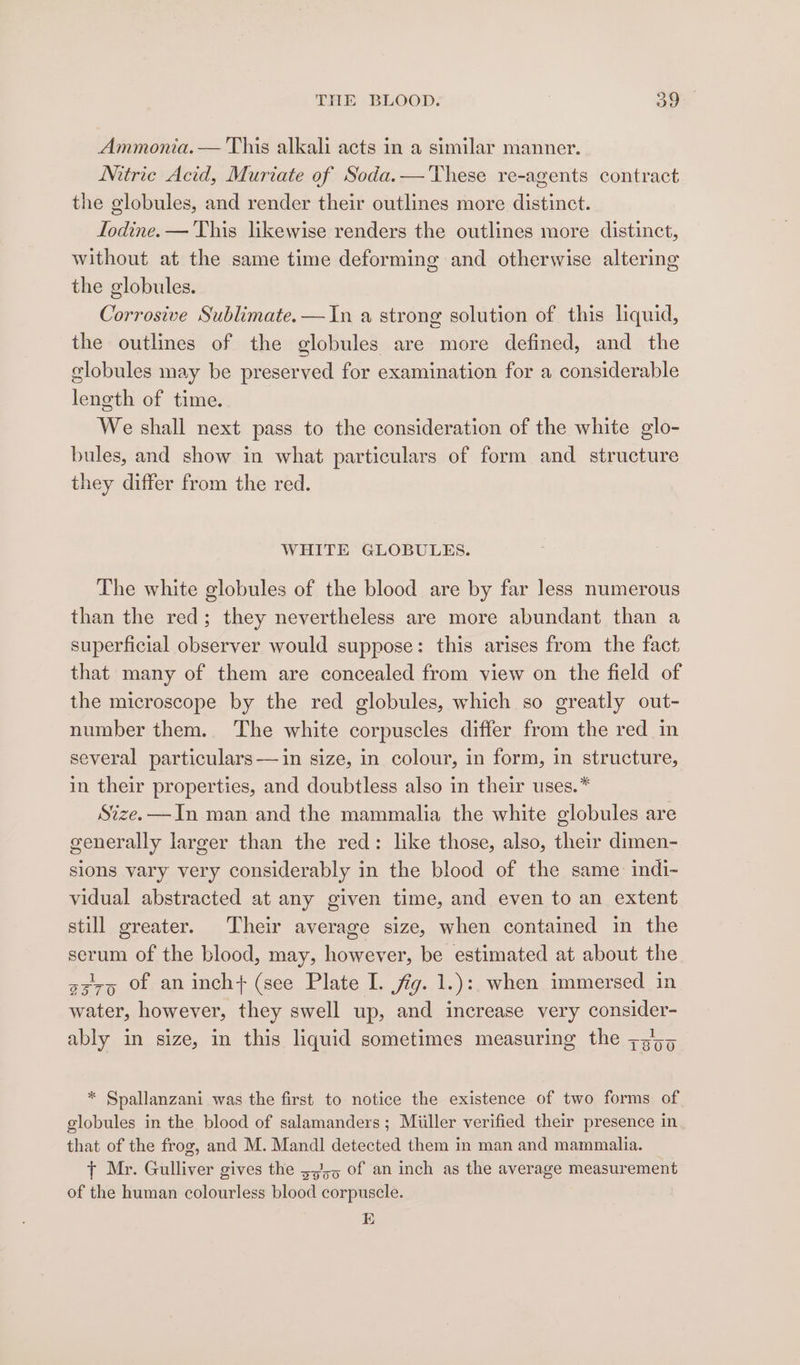 Ammonia. — This alkali acts in a similar manner. Nitric Acid, Muriate of Soda.—'These re-agents contract the globules, and render their outlines more distinct. Lodine. —'This likewise renders the outlines more distinct, without at the same time deforming and otherwise altering the globules. Corrosive Sublimate.—In a strong solution of this liquid, the outlines of the globules are more defined, and the elobules may be preserved for examination for a considerable length of time. We shall next pass to the consideration of the white glo- bules, and show in what particulars of form and structure they differ from the red. WHITE GLOBULES. The white globules of the blood are by far less numerous than the red; they nevertheless are more abundant than a superficial observer would suppose: this arises from the fact: that many of them are concealed from view on the field of the microscope by the red globules, which so greatly out- number them. The white corpuscles differ from the red in several particulars—in size, in colour, in form, in structure, in their properties, and doubtless also in their uses.* Size. —In man and the mammalia the white globules are generally larger than the red: like those, also, their dimen- sions vary very considerably in the blood of the same indi- vidual abstracted at any given time, and even to an extent still greater. Their average size, when contained in the serum of the blood, may, however, be estimated at about the zs75 of an incht (see Plate I. fig. 1.):. when immersed in water, however, they swell up, and increase very consider- ably in size, in this liquid sometimes measuring the 7,55 * Spallanzani was the first to notice the existence of two forms of globules in the blood of salamanders; Miiller verified their presence in that of the frog, and M. Mandl detected them in man and mammalia. t Mr. Gulliver gives the ,,),5 of an inch as the average measurement of the human colourless blood corpuscle. E