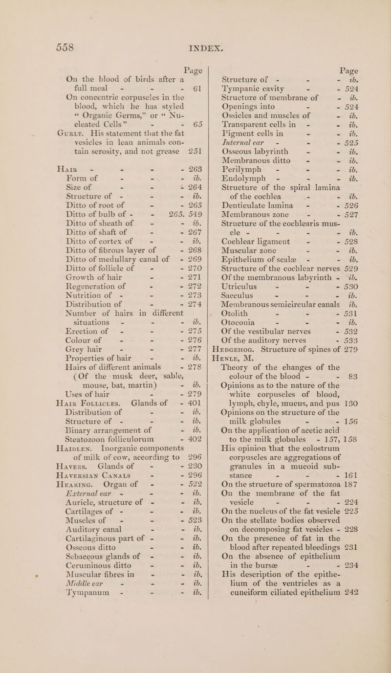 Page Page On the blood of birds after a Structure of - “ - 2b. full meal - - - 61 Tympanie cavity - - 524 On concentric corpuscles in the Structure of membrane of - i. blood, which he has styled Openings into ~ - 524 “ Organic Germs,” or “ Nu- Ossicles and muscles of - 1b, cleated Cells” - - 65 Transparent cells in - - ib, Gurr. His statement that the fat Pigment cells in - - ib. vesicles in lean animals con- Internal ear - - - 525 tain serosity, and not grease 251 Osseous labyrinth - =t 4b. Membranous ditto = - ib. Harr - - - - 263 Perilymph = - - - id. Form of - - - ib. Endolymph _ - ~ - ib. Size of - - - 264 Structure of the spiral lamina. Structure of - “ = 8b: of the cochlea - - ib. Ditto of root of - - 265 Denticulate lamina - - 526 Ditto of bulb of - 72652 529 Membranous zone - - 527 Ditto of sheath of > - 1. Structure of the cochlearis mus- Ditto of shaft of - - 267 cle - - - - 2. Ditto of cortex of ~ - wb. Cochlear ligament - - 528 Ditto of fibrous layer of - 268 Muscular zone ~ - ib. Ditto of medullary canal of - 269 Epithelium of scale - - 1b. Ditto of follicle of - - 270 Structure of the cochlear nerves 529 Growth of hair - - 271 Of the membranous labyrinth ~ ‘ib. Regeneration of - 272 Utriculus - - - 530 Nutrition of - - - 278 Saeculus ~ - - wb. Distribution of - - 274 Membranous semicircular canals 7b. Number of hairs in different Otolith S é s 631 situations - - - wb. Otoconia - - - ib. Erection of | - - - 275 Of the vestibular nerves - 532 Colour of - - - 276 Of the auditory nerves 9533 Grey hair - - - 277 | Hevcenoae. Structure of spines of 279 Properties of hair - - 2. | Hens, M. Hairs of different animals - 278 Theory of the changes of the (Of the musk deer, ‘sable, colour of the blood - - 83 mouse, bat, martin) - w. Opinions as to the nature of the Uses of hair - ~- 279 white corpuscles of blood, Hare Fotricites. Glandsof - 401 lymph, chyle, mucus, and pus 130 Distribution of - - i. Opinions on the structure of the Structure of - - - tb. milk globules - - 156 Binary arrangement of - ib, On the application of acetic acid Steatozoon folliculorum - 402 to the milk globules ~ 157, 158 Haipten. Inorganic components His opinion that the colostrum of milk of cow, according to 296 corpuscles are aggregations of Havers. Glandsof- - - 230 granules in a mucoid sub- Haversian Canats - - 296 stance - - - 161 Hearine. Organof - - 522 On the structure of spermatozoa 187 External ear. - - - ib. On the membrane of the fat Auricle, structure of ~« - ib, vesicle - - - 224 Cartilages of - - - ib. On the nucleus of the fat vesicle 225 Muscles of — - - ~ 523 On the stellate bodies observed Auditory canal + - ib, on decomposing fat vesicles - 228 Cartilaginous part of - a 2b, On the presence of fat in the Osseous ditto - - ib. blood after repeated bleedings 231 Sebaceous glands of - - ib. On the absence of epithelium Ceruminous ditto - - ib in the burs - - 234 Muscular fibres in - - ib, His description of the epithe- Middle ear - - - ib. lium of the ventricles as a Tympanum-~ - - = 4b, cuneiform ciliated epithelium 242