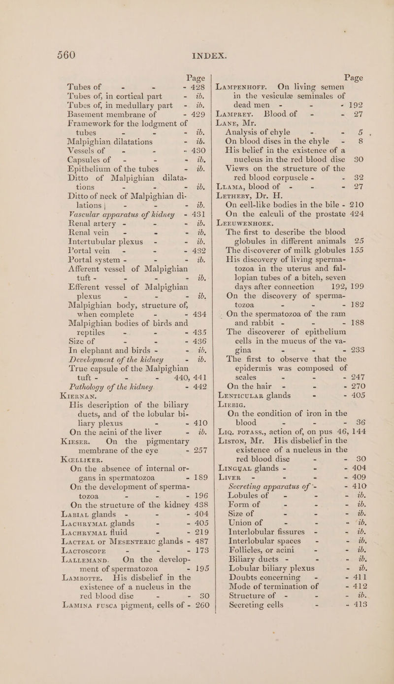 Page Page Tubes of - - - 428 | Lamrenuorr. On living semen Tubes of, in cortical part - 1b. in the vesicule seminales of Tubes of, in medullary part - %. dead men - - - 192 Basement membrane of - 429 | Lamprey. Bloodof - x 27 Framework for the lodgment of Lang, Mr. tubes - - - ib. Analysis of chyle - 0.5 Malpighian dilatations = wtb. On blood dises inthe chyle - 8 Vessels of - - - 430 His belief in the existence of a Capsules of = - - - ib. nucleus in the red blood dise 30 Epithelium of the tubes - i. Views on the structure of the Ditto of Soe ere dilata- red blood corpuscle - 2 oe tions - - ib. | Luama, blood of - - - Q7 Ditto of neck of Malpighian di- Leruesy, Dr. H. ; lations | . - ib. On cell-like bodies in the bile - 210 Vascular apparatus of leeds - 431 On the calculi of the prostate 424 Renal artery - - - ib. | LrruwENHOEK. Renal vein - - - ib. The first to describe the blood Intertubular plexus - - ib. globules in different animals 25 Portal vein - - - 432 The discoverer of milk globules 155 Portal system - - 2. His discovery of living sperma- Afferent vessel of Malpighian tozoa in the uterus and fal- tuft - - 1b, lopian tubes of a bitch, seven Efferent vessel of Malpighian days after connection 192, 199 plexus - ib. On the discovery of sperma- Malpighian body, eres of, tozoa - - - 182 when complete - - 434 | - On the spermatozoa of the ram Malpighian bodies of birds wud and rabbit - - - 188 reptiles - - - 435 The discoverer of epithelium Size of - - - 436 cells in the mucus of the va- In elephant and birds - -. ib, gina - 233 Development of the kidney - 16. The first to Shaeave ‘tha ee True capsule of the Malpighian epidermis was composed of tuft - - - 440, 441 scales . 2 - 247 Puthology of the kidney. - 442 On the hair - - - 270 KIERNAN. LewricuLar glands - - 405 His description of the biliary Liesia. ducts, and of the lobular bi- On the condition of iron in the liary plexus - - 410 blood - - =» 86 On the acini of the liver - ib. | Lia. Porass., action of, on pus 46, 144 Kisser. On the pigmentary Liston, Mr. His disbelief in the membrane of the eye - 257 existence of a nucleus in the KGLLIKer. red blood dise - - $30 On the absence of internal or- Lineyat glands - - - 404 gans in spermatozoa - 189 | Liver - ~ - - 409 On the development of sperma- Secreting apparatus of ~- - 410 tozoa ~ - 196 Lobules of — - - =. heb. On the structure of the kidney 438 Form of - - - wb, Laxziat glands - - - 404 Size of - - - ib. Lacurymat glands - - 405 Union of - - - ib, Lacurymat fluid - - 219 Interlobular fissures - - wb, Lacrrat or Mesenteric glands - 487 Interlobular spaces - - ww, LactoscorE - - - 173 Follicles, or acini - - ib. Lattemanp. On the develop- Biliary ducts - - - ib, ment of spermatozoa - 195 Lobular biliary plexus - wt. Lameorrr. His disbelief in ihe Doubts concerning - - 411 existence of a nucleus in the Mode of termination of - 412 red blood dise - - 380 Structure of - - - ib. Lamina rusca pigment, cells of - 260 Secreting cells - - 413