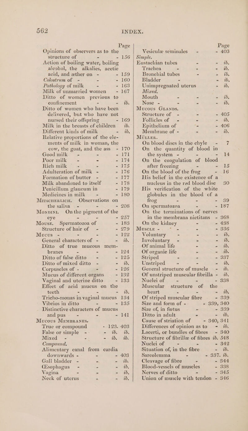 Page Page Opinions of observers as to the Vesicule seminales = - - 403 structure of - - 156 | Simple. Action of boiling water, boiling Eustachian tubes - - ib, alcohol, the alkalies, acetic Trachea - - - ib. acid, and ether on - - 159 Bronchial tubes - &gt; 2D Colostrum of - - - 160 Bladder ~ - ww, Pathology of milk - - 163 Unimpregnated uterus - ib. Milk of unmarried women ~~ - 167 Mixed. Ditto of women previous to Mouth - - - ib, confinement - - ib. Nose - - - - wb. Ditto of women who have been Mucous Gianps. delivered, but who have not Structure of - - - 405 nursed their offspring - 169 Follicles of — - - - ib, Milk in the breasts cf children 78. Epithelium of - - 406 Different kinds of milk = 40, Membrane of - - - ib. Relative proportions of the ele- Mier. ments of milk in woman, the On blood dises in the chyle - 7 cow, the goat, and the ass - 170 On the quantity of blood in Good milk - - - 171 the system ~ 14 Poor milk - - - 174 On the coagulation a Slhod Rich milk - - - 175 after freezing aah Adulteration of milk - - 176 On the blood of the fee - 16 Formation of butter - - 177 His belief in the existence of a Milk abandoned to itself - 178 nucleus in the red blood dise 30 Penicillum glaucum in - 179 His verification of the white Medicines in milk - - 180 globules in the blood of a Mirscrerticu. Observations on frog - - = $9 the saliva - - - 208 On spermatozoa - - 187 Monpini. Onthe pigment of the On the terminations of nerves eye - - - 257 in the membrana nictitans - 368 Mouse. Spermatozoa of - 183 On the kidney - - 438 Structure of hair of = - - 279 | Muscie - &gt; - - 336 Mucus - - - - 122 Voluntary - - - 1b, General characters of - - wb. Involuntary - - - ib. Ditto of true mucous mem- Of animal life - a nigb. branes - - - 124 Of organic life - - 1b. Ditto of false ditto = - 125 Striped - - = 837 Ditto of mixed ditto - - 2b. Unstriped « - - ib. Corpuscles of - ~ - 126 General structure of muscle - 7. Mucus of different organs - 132 Of unstriped muscular fibrilla - 2b. Vaginal and uterine ditto - 133 Nuclei of - - - 338 Effect of acid mucus on the Muscular structure of the teeth - - - 2b. heart « - - 2, Tricho-monas in vaginal mucus 134 Of striped muscular fibre - 339 Vibrios in ditto - - 135 Size and form of - - 339, 340 Distinctive characters of mucus Size of, in foetus . - 339 and pus - - - 141 Ditto in adult “ - tb. Mucous Mempranes. Cause of striation of - 340, 341 True or compound - 123. 403 Differences of opinion as to = ib. False or simple - = i%b.. ib. Lacerti, or bundles of fibres - 340 Mixed - - =~ tb,» 146: Structure of fibrille of fibres ib. 548 Compound. Nuclei of - - - 342 Alimentary canal from cardia Situation of, in the fibre =: ! ab, downwards - - - 403 Sarcolemma - + 3587. 2b Gall bladder - ~. - ib. Cleavage of fibre - - 344 (Esophagus - - =: Wd. Blood-vessels of muscles - 338 Vagina - - - ib. Nerves of ditto - - 345 Neck of uterus o ai Us Union of muscle with tendon - 346