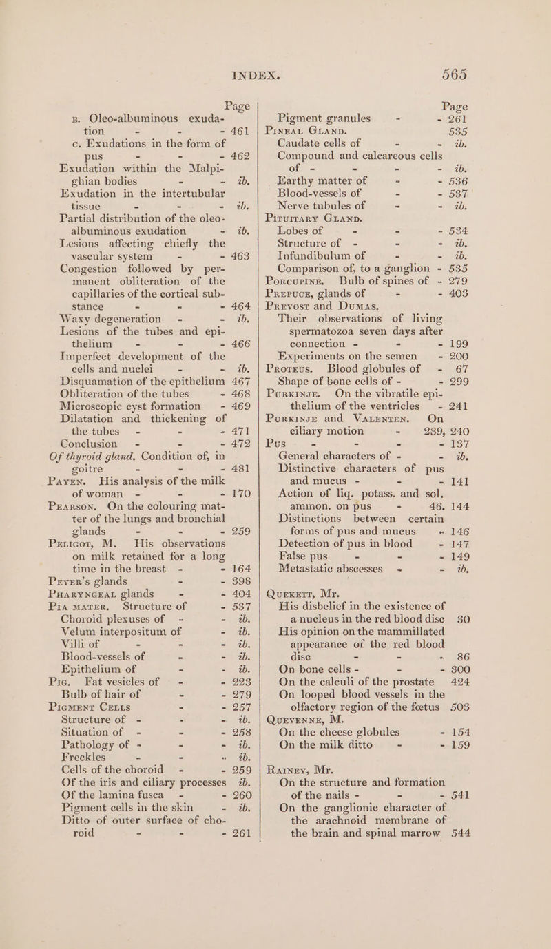 Page Page B. Oleo-albuminous exuda- Pigment granules - - 261 tion ~ - - 461 | Pineart Granp. 535 c. Exudations in the form of Caudate cells of &amp; = 4b. pus - ~ - 462 Compound and calcareous cells Exudation within the Malpi- of - - - - 1b. ghian bodies - ~ tb, | | Earthy matter of - - 536 Exudation in the intertubular - Blood-vessels of - - 537 tissue - - - ib, Nerve tubules of - - ib. Partial distribution of the oleo- Pirurrary GLANp. albuminous exudation - 2. Lobes of ” - - 524 Lesions affecting chiefly the Structure of - - - ib. vascular system - - 463 Infundibulum of - - ib. Congestion followed by per- Comparison of, to a ganglion - 535 manent obliteration of the Porcurine. Bulb of spines of ~ 279 capillaries of the cortical sub- Prepuce, glands of - - 403 stance - = - 464 | Prevost and Dumas. Waxy degeneration = - 1b. Their observations of living Lesions of the tubes and epi- spermatozoa seven days after thelium - - - 466 connection - ~ - 199 Imperfect development of the Experiments on the semen = - 200 cells and nuclei - - ib, | Proreus. Blood globules of - 67 Disquamation of the epithelium 467 Shape of bone cells of - - 299 Obliteration of the tubes - 468 | Purxingre. On the vibratile epi- Microscopic cyst formation - 469 thelium of the ventricles - 241 Dilatation and thickening of PorxingeE and VaLenten. On the tubes - - - 471 ciliary motion - 239, 240 Conclusion - - 472 | Pus - - - - 137 Of thyroid gland. Condition of, in General characters of - - wb. goitre - - 481 Distinctive characters of ue Pavey. His analysis of ‘ble wale and mucus - - 141 of woman - - - 170 Action of liq. potass. and sols Pearson. On the colouring mat- ammon. on pus - 46. 144 ter of the lungs and bronchial Distinctions between certain glands - - - 259 forms of pus and mucus « 146 Peticot, M. His observations Detection of pus in blood - 147 on milk retained for a long False pus - - - 149 time in the breast - - 164 Metastatic abscesses = - ib, Pryer’s glands - - 398 Puaryncea glands - - 404 | Quexert, Mr. Pia mater. Structure of - 537 His disbelief in the existence of Choroid plexuses of + - 4b. a nucleus in the red blooddise $0 Velum interpositum of - wb. His opinion on the mammillated Villi of - - - ib, appearance or the red blood Blood-vessels of - - 1b. dise - - - 86 Epithelium of - - ib. On bone cells - - - 800 Pic. Fat vesicles of = - - 223 On the caleuli of the prostate 424 Bulb of hair of - - 279 On looped blood vessels in the Picment CELLS - - 257 olfactory region of the foetus 503 Structure of - : - 2b. | QuevenngE, M. Situation of - - - 258 On the cheese globules - 154 Pathology of - - - ib. On the milk ditto - - 159 Freckles ~ - « ib. Cells of the choroid - - 259 | Rainey, Mr. Of the iris and ciliary processes 7b. On the structure and formation Of the lamina fusca” - - 260 of the nails - - - 541 Pigment cells in the skin - ib. On the ganglionic character of Ditto of outer surface of cho- the arachnoid membrane of roid - - - 261 the brain and spinal marrow 544