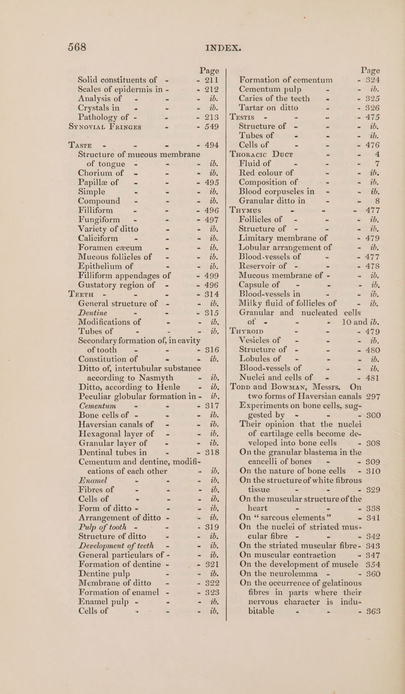 Page Page Solid constituents of - ald Formation of cementum - 324 Scales of epidermis in - - 212 Cementum pulp = ~) Mb. Analysis of — - - - wb. Caries of the teeth == - 325 Crystalsin - - - ib. Tartar on ditto - - 326 Pathology of - - - 213 | Testis - - ~ - 475 SynoviaL Frinces ~ - 549 Structure of ~+ - - ib, Tubes of ~ ~ - db. Taste - - - - 494 Cells of - - - 476 Structure of mucous membrane Txoracic Duct - - 4 of tongue - - - ib. Fluid of - - - 7 Chorium of - - - ib. Red colour of ~ - ib. Papille of = - - - 495 Composition of - - ib. Simple - - =h20, Blood corpuscles in - a! 4b, Compound” - - - 0b Granular ditto in - - 8 Filliform - - - 496 | Tuymus - - - 477 Fungiform - - - 497 Follicles of — - - - ib. Variety of ditto - - id, Structure of - - =) f7b, Caliciform = - - - ib. Limitary membrane of - 479 Foramen cecum = - 1b. Lobular arrangement of - ib. Mucous follicles of = - - ib. Blood-vessels of - - 477 Epithelium of - - ib. Reservoir of - - - 478 Filliform appendages of - 499 Mucous membrane of - » 20, Gustatory region of - - 496 Capsule of — - - - 1b, TEETH - - - ~ 314 Blood-vessels in - - ib. General structure of - - 0b, Milky fluid of follicles of - 0, Dentine - = =) 315 Granular and nucleated cells Modifications of = - ib, ot - - - 1l0Oand 7b. Tubes of - - - ib, | Tuyroip - = =479 Secondary formation of, in cavity Vesicles of = - - - wb, of tooth = - - 316 Structure of - = - 480 Constitution of - = 2. Lobules of = - = at sb: Ditto of, intertubular substance Blood-vessels of - - ib. according to Nasmyth - ib, Nuclei and cells of = = - 481 Ditto, according to Henle - ib, | Topp and Bowman, Messrs, On Peculiar globular formation in- 70. two forms of Haversian canals 297 Cementum &gt; - - 317 Experiments on bone cells, sug- Bone cells of - - - ib. gested by - = - 300 Haversian canals of = - ib. Their opinion that the nuclei Hexagonal layer of - =, /2b, of cartilage cells become de- Granular layer of - - ib. veloped into bone cells - 308 Dentinal tubes in - - 318 On the granular blastema in the Cementum and dentine, modifi- eancelli of bones” = =~ 309 cations cf each other m 00s On the nature of bone cells - 310 Enamel - ~ - ib, On the structure of white fibrous Fibres of ~ - - ib, tissue - - - 329 Cells of - - - w, On the muscular structure of the Form of ditto - = = 2D, heart a é - 338 Arrangement of ditto - = 0b. On “ sarcous elements” - 341 Pulp of tooth - - - 319 On the nuclei of striated mus- Structure of ditto - - ib. cular fibre - - - 342 Development of teeth - - ib. On the striated muscular fibre- 343 General particulars of - - ib. On muscular contraction - 347 Formation of dentine - , = 321 On the development of muscle 354 Dentine pulp - - ib. On the neurolemma - - 360 Membrane of ditto - - 322 On the occurrence of gelatinous Formation of enamel - - 323 fibres in parts where their Enamel pulp - * - ib, nervous character is indu- Cells of eo e* ) Ie - ib, bitable - - - 363