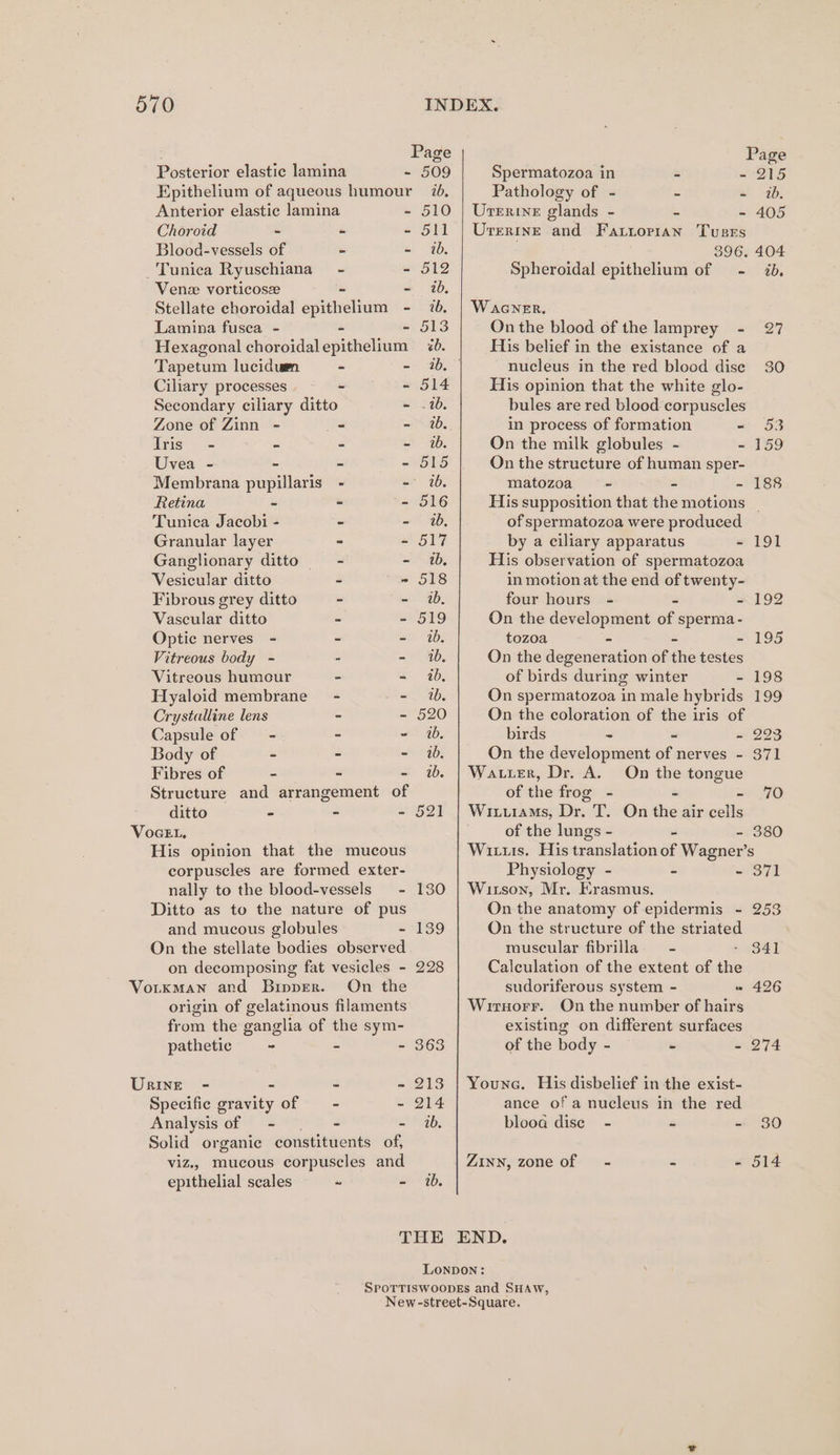 : Page Page Posterior elastic lamina - 509 Spermatozoa in e SONS Epithelium of aqueous humour 76. Pathology of - - = 1b. Anterior elastic lamina - 510 | Uterine glands - - - 405 Choroid - - - 511 | Urerine and Fattorian Tusrs Blood-vessels of - - 0. 396. 404 Tunica Ryuschiana~ - - 512 Spheroidal epithelium of - 4b, Venez vorticose - - ib, Stellate choroidal epithelium - 7%. | Wacner, Lamina fusca - - - 513 On the blood of the lamprey - 27 Hexagonal choroidalepithelium %d. His belief in the existance of a Tapetum lucidum - = 805 - nucleus in the red blood dise 30 Ciliary processes - - 514 His opinion that the white glo- Secondary ciliary ditto - .0b, bules are red blood corpuscles Zone of Zinn - _ - wb. in process of formation an 53 Iris - - = - 2b. On the milk globules - - 159 Uvea - - = - 515 On the structure of human sper- Membrana pupillaris - - 1b. matozoa ss = - - 188 Retina - - - 516 His supposition that the motions _ Tunica Jacobi - - - 2, of spermatozoa were produced Granular layer - - 517 by a ciliary apparatus - 191 Ganglionary ditto —_ - - 1b. His observation of spermatozoa Vesicular ditto - - 518 in motion at the end of twenty- Fibrous grey ditto - - 1b, four hours - - - 192 Vascular ditto - - 519 On the development of sperma - Optic nerves - - - 1b. tozoa - = - 195 Vitreous body - - - 1b, On the degeneration of the testes Vitreous humour - - ib, of birds during winter - 198 Hyaloid membrane - - ib. On spermatozoa in male hybrids 199 Crystalline lens - - 520 On the coloration of the iris of Capsule of - - - ib. birds - w ~ 2293 Body of ~ - - 1b. On the development of nerves - 371 Fibres of - - - w. | Warier, Dr. A. On the tongue Structure and arrangement of of the frog - - - 70 ditto - - - 521 | Wiuutams, Dr. T. On the air cells VocEL, of the lungs - . - 380 His opinion that the mucous Wits. His translation of Wagner’s corpuscles are formed exter- Physiology - = = 37] nally to the blood-vessels - 130 | Wirson, Mr. Erasmus. Ditto as to the nature of pus On the anatomy of epidermis - 253 and mucous globules - 139 On the structure of the striated On the stellate bodies observed muscular fibrilla = - - 341 on decomposing fat vesicles - 228 Calculation of the extent of the Vorxkman and Brpper. On the sudoriferous system - = 426 origin of gelatinous filaments Wirnorr. On the number of hairs from the ganglia of the sym- existing on different surfaces pathetic &lt; ~ - 363 of the body - - - 274 Urine - - - ~ 213 | Youne. His disbelief in the exist- Specific gravity of — - - 214 ance of a nucleus in the red Analysisof - | = - 1b. blood disc - - - 30 Solid organie constituents of, viz., mucous corpuscles and | ZINN, zone of = - - - 514 epithelial scales “ - 1b. THE END. LONDON: SPOTTISWOODEs and SHAW, New-street-Square.