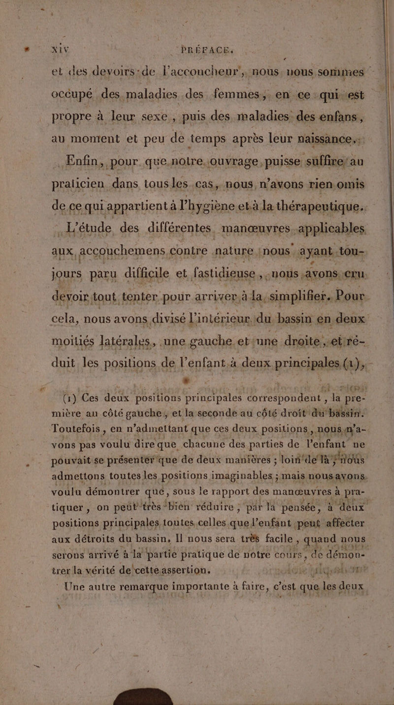 et des devoirs: de l'accoucheur,. nous. HOUS soraines occupé des maladies des femmes; en ce qui est _ propre à leur sexe, puis des maladies des enfans, au montent et peu de temps après leur naissance.: Enfin &gt;, pour. que, nolre. ouvrage puisse suffire; à au praticien. -dans, tous les. cas; NOUS, n'avons rien omis de. ce qui appartient à l'hygiène ebà la thérapentique. Ç | L'étude des différentes. manœuyres applicables aux, accouchemens contre .nature nous. ayant. tou- jours paru difficile et f'astidieuse , «NOUS avons. €Lu. devoir, tout tenter. pour arriver. à la, simplifier. Pour. cela, nous avons divisé l intérieur. du bassin en deux moiliés latérales, une gauche. etiune droite, ebré- duit les positions de l'enfant,à deux principales (A 1); e (1) Ces deux positions principales pins 4 «es mière au côté gauche; ;et la seconde au côté droit du’ bassin. Toutefois, en n admettant que ces deux positions. nous aa vons pas ets dire que. chacune des parties de l'enfant ne pouvait se présenter que de deux manières ; loiñ'de là Pnoûs admettons toutes les positions imaginables ; mais nousavons. voulu démontrer que, sous le rapport des manœuvres à pra- tiquer, on peut très ‘bien réduire ; par la pensée, à deux positions principales toutes, celles que l’enfant peut affecter aux détroits du bassin, Il nous sera très facile, quand nous. serons arrivé à la partie pratique de notre cours, de démon: trer la vérité de'cette assertion. ke aiqusls 15 : Une autre FOA ARE importante à faire, c est que les dAUE