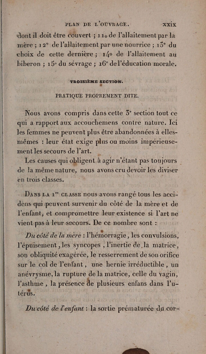 * ° ° À 8 &lt; e dont il doit être Couvert ; 110 de l’allaitement par la mère ; 12° de l’allaitement par une nourrice ; 13° du choix de cette derniere ; 140 de l'allaitement au biberon : 15° du sévrace ; 16° del’éducation morale. ? 2 ’ } TROISIÈME SECTION. L 1 PRATIQUE PROPREMENT DITE. Nous avons compris dans cette 3° section tout ce qui a rapport aux accouchemens contre nature. Ici les femmes ne peuvent plus être abandonnées à elles- mêmes : leur état exige plus ou moins impérieuse- ment les secours de l’art. g Les causes qui obligent à agir n'étant pas toujours de la même nature, nous avons cru devoir les diviser en trois classes. ti ra Dans LA 1° cLASSE nous avons rangé tous les acci- dens qui peuvent survenir du côté de la mère et de l'enfant, et compromettre leur existence si l’art ne vient, pas à leur:secours. De ce nombre sont : Du côté de la mere : l'hémorragie , les convulsions, l'épuisement , les syncopes , l'inertie de la matrice, son obliquité exagérée, le resserrement de son orifice sur le col de l’enfant, une hernie irréductible , un anévrysme, la rupture de la matrice, celle du vagin, l'asthme , la présence de plusieurs eénfans dans l’u- térûs. Durcôté de l'enfant : la sortie prématurée du cor-