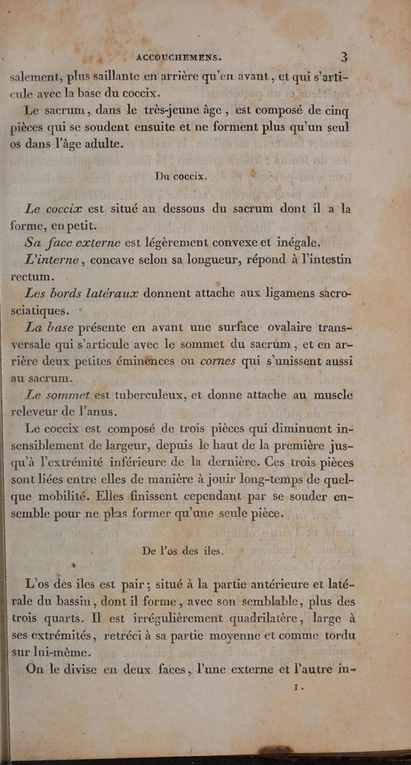 salement, plus saïilante en arrière Fe avant, et qui s’arti- cule avec la base du coccix. | Le sacrum, dans le très-jeune âge , est composé de cinq pièces qui se soudent ensuite et ne forment plus qu’ un seul os dans l’âge adulte. # Du coccix. _Le coccix est situé au dessous du sacrum dont il à la forme, en petit. Sa face externe est légèrement convexe et inégale. L’interne, concave selon sa longueur, répond à l'intestin rectum. Les bords latéraux donnent attache aux ligamens sacro- sciatiques. La base présente en avant une surface ovalaire trans- versale qui s'articule avec le sommet du sacrum , et en ar- rière deux petites éminénces ou cornes qui s'unissent aussi au sacrum. Le sommet ést tuberculeux, et donne attache au muscle releveur de l’anus. Le coccix est composé de trois pièces qui diminuent in- sensiblement de largeur, depuis le haut de la première jus- qu'à l'extrémité inférieure de la dernière. Ces trois pièces sont liées entre elles de manière à jouir long-temps de quel- De l'os des iles. 5 L'os des iles est pair ; situé à la DE antérieure et laté- | rale du bassin , dont il forme, avec son semblable, plus des |trois quarts. il est ed cmen quadrilatère, large à | ses extrémités, retréci à sa partie moyenne et comme tordu Lsur lui-même. | | On le divise en deux faces, l’une externe ét l’autre in-
