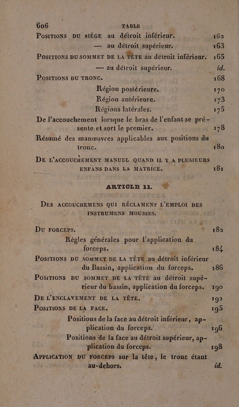 PosiTioNS DU sIÉGE au détroit rérieul 162 — au détroit supérieur. : 163 PosITIiONS DU SOMMET DE LA Be au détroit inférieur. 165 — au détroit supérieur. id. PosITIONS DU TRONC. | 168 Région postérieure. | 170 Réoion antérieure. 173 Régions latérales. 175 De l’accouchement lorsque le bras de l'enfant se pré- sente. et sort le premier. 178 Résumé des manœuvres applicables aux positions du tronc. | 180 DE L'ACCOUCHEMENT MANUEL QUAND IL Y À PLUSIEURS ENFANS DANS LA MATRIGE. 181 ARTICLE 11. %” DES ACCOUCHEMENS QUI RÉCLAMENT L'EMPLOI DES INSTRUMENS MOUSSES. Du Forceps. * 182 Règles générales pour l'application du forceps. 184 PosiTIONsS DU SOMME DE LA TÊTE au aétrait inférieur du Bassin, application du forceps, 186 PosiTioNs DU SOMMET.DE LA TÊTE au détroit supé- rieur du bassin, application du forceps. 190 DE L'ENGLAVEMENT DE LA TÊTE. 192. PosiTiONS DE LA FACE. ne 19bY Positions de la face au détroit Ro ap- plication du forceps. | 196 Positions de la face au détroit supérieur, ap- plication du forceps. 198 PR DU FORCEPS sur la tête, le tronc étant au-dehors. id,