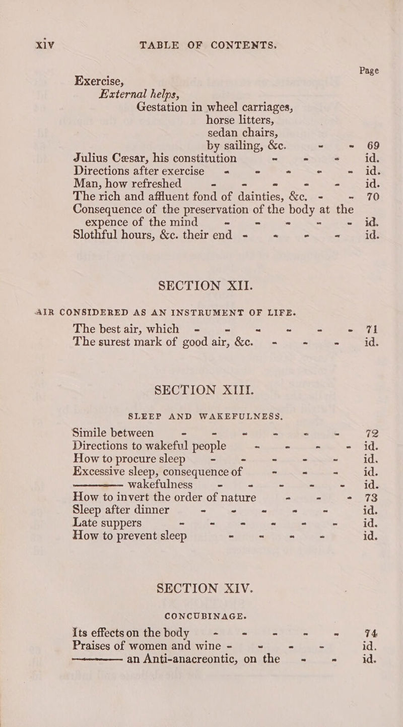 Page Exercise, External helps, Gestation in wheel carriages, horse litters, sedan chairs, by sailing, &amp;c. - - 69 Julius Cesar, his constitution ~ - < id. Directions after exercise = * * - - id. Man, how refreshed - - id. The rich and affluent fond of Hainties. on - ~ 70 Consequence of the preservation of the body at the expence of the mind - = . - - id. Slothful hours, &amp;c. their end <- * - - id. SECTION XII. AIR CONSIDERED AS AN INSTRUMENT OF LIFE. The best air, which - ~ = ~ - oy The surest mark of good air, &amp;c. = - - id. SECTION XIII. SLEEP AND WAKEFULNESS. Simile between - - - - - - 72 Directions to wakeful people ~ - - - id. How to procure sleep - - - + ~ id. Excessive sleep, consequence of » - “ id. wakefulness - - ~ - - id. How to invert the order of nature - - = 73 Sleep after dinner - - ~ - ~ id. Late suppers ~ ~ = * - - id. How to prevent sleep Sui thWinus tay ye.) cae id. SECTION XIV. CONCUBINAGE. Its effectson thebody - -— = ~ ~ 74 Praises of women and wine - “ - - id. an Anti-anacreontic, on the =; = id.