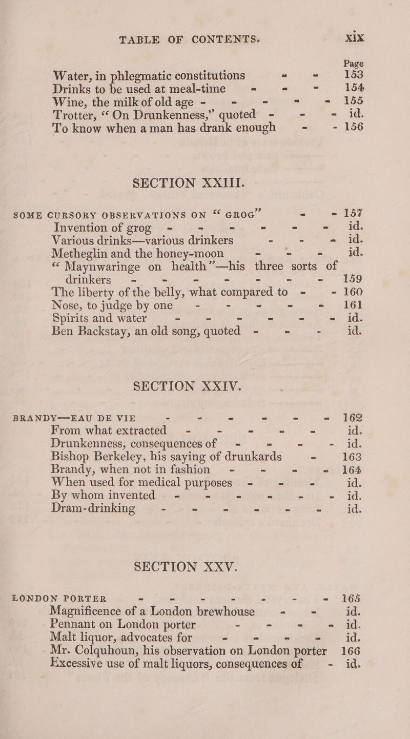 Page Water, in phlegmatic constitutions = “ 153 Drinks to be used at meal-time * - - 154 Wine, the milk of old age - - ” a om | 158 Trotter, “On Drunkenness,” quoted - - = id. To know when a man has drank enough ~ - 156 SECTION XXIII. SOME CURSORY OBSERVATIONS ON “ GROG” eee at Invention of grog - - = = = = id. Various drinks—various drinkers - - - id. Metheglin and the honey-moon - + = id. ef Maynwaringe on health”—his three sorts of drinkers - ” - 159 The liberty of the pally, what compared to - - 160 Nose, tojudge by one - - - 161 Spirits and water - - - ~ id. Ben Backstay, an old song, od - - - id. SECTION XXIV. BRANDY—EAU DE VIE - - - “ ~ - 162 From what extracted - - ~ = = id. Drunkenness, consequences of — = ~ - id. Bishop Berkeley, his saying of oooh ds ~ 163 Brandy, when not in fashion = - ~ ~ - 164 When used for medical purposes - ~ - id. By whom invented - - - = - - id. Dram- drinking - - - - ~ 3 id. SECTION XXV. LONDON PORTER - - - - - - - 168 Magnificence of a London brewhouse - ~ id. Pennant on London porter - - - - id. Malt liquor, advocates for = » - - id. Mr. Colquhoun, his observation on London porter 166 Excessive use of malt liquors, consequences of - id.