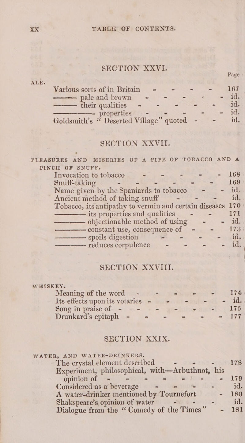 ALE. SECTION XXVI. Page Various sorts of in Britain - - - - 167 pale and browns = - - - - id. —_—— their qualities - - - - ~ id. - properties - - - id. Goldsmith’s “ Deserted Village” quoted pee id. SECTION XXVII. Invocation to tobacco - - - - - 168 Snuff-taking - - - = - 169 Name given by the Spaniards to tobacco = - id. Ancient method of taking snuff - - “ id. Tobacco, its antipathy to vermin and certain diseases 170 | its properties and qualities - * 171 ——— objectionable method of using * - id. — constant use, consequence of - ~ 1732 ——— spoils digestion - “ = - id. reduces corpulence ~ - - ~ id. SECTION XXVIII. WHISKEY. Meaning of the word” - - ~ ~ - 174 Its effects uponits votaries - - - ~ - id. Song in praise of - - - - - - 175 Drunkard’s epitaph - ° - - ~ ~ 197 SECTION XXIX. The crystal element described - 178 Experiment, Doe with—Axbuthnot, ‘his opinion of - ~ - : - 179 Considered as a eeverags ~ - id. A water-drinker mentioned by Tournefort - 180 Shakspeare’s opinion of water ~ - id. Dialogue from the “ Comedy of the Times” ~ 18%