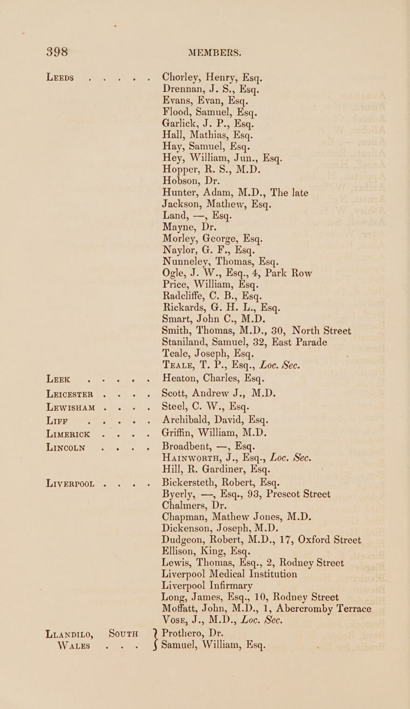 LEEDS LEEK LEICESTER LIFF LIMERICK LINCOLN LLANDILO, WALES SoutH i Chorley, Henry, Esq. Drennan, J. S., Esq. Evans, Evan, Esq. Flood, Samuel, Esq. Garlick, J. P., Esq. Hall, Mathias, Esq. Hay, Samuel, Esq. Hey, William, Jun., Esq. Hopper, R. S., M.D. Hobson, Dr. Hunter, Adam, M.D., The late Jackson, Mathew, Esq. Land, —, Esq. Mayne, Dr. Morley, George, Esq. Naylor, G. F., Esq. Nunneley, Thomas, Esq. Ogle, J. W., Esq., 4, Park Row Price, William, Esq. Radcliffe, C. B., Esq. Rickards, G. H. L., Esq. Smart, John C., M.D. Smith, Thomas, M.D., 30, North Street Staniland, Samuel, 32, East Parade Teale, Joseph, Esq. Trax, T. P., Esq., Loc. Sec. Heaton, Charles, Esq. Scott, Andrew J., M.D. Steel, C. W., Esq. Archibald, David, Esq. Griffin, William, M.D. Broadbent, —, Esq. HainwortH, J., Esq., Loc. Sec. Hill, R. Gardiner, Esq. Bickersteth, Robert, Esq. Byerly, —, Esq., 93, Prescot Street Chalmers, Dr. Chapman, Mathew Jones, M.D. Dickenson, Joseph, M.D. Dudgeon, Robert, M.D., 17, Oxford Street Ellison, King, Esq. Lewis, Thomas, Esq., 2, Rodney Street Liverpool Medical Institution Liverpool Infirmary Long, James, Esq., 10, Rodney Street Moffatt, John, M.D., 1, Abereromby Terrace Vosz, J., M.D., Loc. Sec. Prothero, Dr. Samuel, William, Esq.