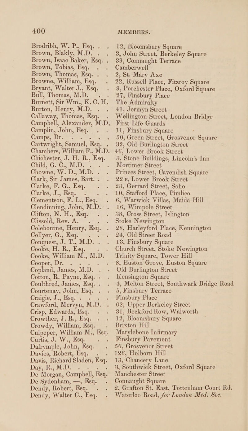 Brodribb, W. P., Esq. . Brown, Blakly, M. D. Brown, Isaac Baker, Esq. . Brown, Tobias, Esq. Brown, Thomas, Esq. Browne, William, Esq. Bryant, Walter J., Esq. Bull, Thomas, M. Dr Burnett, Sir Wm., K.C. H. Bere Henry, M. 2: Callaway, Thomas, Esq. . Campbell, Alexander, M.D. Camplin, John, Esq. Camps, Dr. . Cartwright, Samuel, Esq. : Chambers, William F. , M.D. Chichester, J. H. R. , Esq Child, G. C., NEN); Coma WwW. Lee sk, bl Clark, Sir J ames, Barts = Clarke, F. G., Esq. Clarke, ik Esq. ; Clementson, F. L. , Esq. . Clendinning, J tue M.D. Clifton, N. He Esq. Clissold, Rev. A. : Colebourne, Henry, Esq. Collyer, G., Esq. . . Conquest, J. T., M.D. Cooke, H. R. , Esq. : Cooke, Wilham M., M. D. Cooper, De. 2: h Copland, James, M. D. Cotton, R. Payne, Esq. . Coulthred, James, Esq. . Courtenay, John, Esq. Craigie, J., Esq. . - Crawford, Mervyn, M.D. Crisp, Edwards, Ksq. Crowther, J. R., Esq. Crowdy, William, Esq... Culpeper, William M., mal Curtis, J. W., Es 4 Dalrymple, John, Esq. Davies, Robert, Esq. . Davis, Richard Sladen, Esq. Day, R., MDS. De Morgan, Campbell, Esq. De Sydenham, —, sq. . Dendy, Robert, Esq. Dendy, Walter C., Ksq. 12, Bloomsbury Square 3, John Street, Berkeley Square 39, Connaught Terrace Camberwell. 2, St. Mary Axe 22, Russell Place, Fitzroy Square 9, Porchester Place, Oxford Square 97, Finsbury Place The Admir alty 41, Jermyn Street Wellington Street, London Bridge First Life Guards 11, Finsbury Square 50, Green Street, Grosvenor Square 32, Old Burlington Street 46, Lower Brook Street 3, Stone Buildings, Lincoln’s Inn Mortimer Street Princes Street, Cavendish Square 22 B, Lower Brook Street 23, Gerrard Street, Soho 10, Stafford Place, Pimlico 6, Warwick Villas, Maida Hill 16, Wimpole Street 38, Cross Street, Islington Stole Newington 28, Harleyford Place, Kennington 24, Old Street Road 13, Finsbury Square Church Street, Stoke Newington Trinity Square, Tower Hill 8, Euston Grove, Euston Square Old Burlington Street Kensington Square 4, Melton Street, Southwark Bridge Road 5, Finsbury Terrace Finsbury Place 62, Upper Berkeley Street 31, Beckford Row, Walworth 12, Bloomsbury Square Brixton Hill Marylebone Infirmary Finsbury Pavement 56, Grosvenor Street 126, Holborn Hill 13, Chancery Lane 3, Southwick Street, Oxford Square Manchester Street Connaught Square = Grafton St. East, Tottenham Court Rd, Waterloo Road for London Med. Soc.