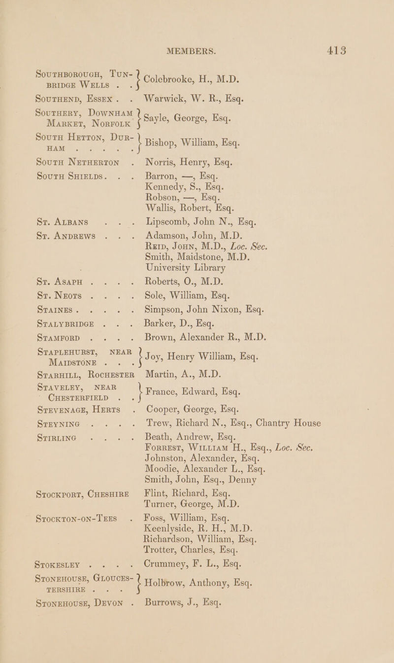 ROUGH, TUN- Sou THBORO ) N Colebrooke, H., M.D. BRIDGE WELLS . . SOUTHEND, Essex. . Warwick, W. R., Esq. en Sayle, George, Es MARKET, NORFOLK 716 Sand. Sourn Herron, Dur- \ Bishop, William, Esq. HAM SouTH NETHERTON . Norris, Henry, Esq. SoUTH SHIELDS. . . Barron, —, Esq. Kennedy, S., Esq. Robson, —, Esq. Wallis, Robert, Esq. St. Arpans . . . Lipscomb, John N., Esq. St. ANpREws . . . Adamson, John, M.D. Rep, Joun, M.D., Loc. Sec. Smith, Maidstone, M.D. University Library St. AsapH . . . . Roberts, O., M.D. St. Nzots . . . . Sole, William, Esq. STAINES. . . . . Simpson, John Nixon, Esq. STALYBRIDGE . . . Barker, D., Esq. STAMFORD . . . . Brown, Alexander R., M.D. STAPLEHURST, NEAR MAIDSTONE . SrarHILL, RocnEesteR Martin, A., M.D. EAR STAVELEY, N \ France, Edward, Esq. Joy, Henry William, Esq. ’ CHESTERFIELD STEVENAGE, Herts . Cooper, George, Esq. STEYNING . . . . Trew, Richard N., Esq., Chantry House STIRLING . . . . Beath, Andrew, Esq. Forrest, WırLıam H., Hsq., Loc. Sec. Johnston, Alexander, Esq. Moodie, Alexander L., Esq. Smith, John, Esq., Denny Stockport, CHESHIRE Flint, Richard, Esq. Turner, George, M.D. Srockton-on-TEES . Foss, William, Esq. Keenlyside, R. H., M.D. Richardson, William, Esq. Trotter, Charles, Esq. STORESLEY . . . . Crummey, F. L., sq. STONEHOUSE, GLOUCEHS- h Holbrow, Anthony, Esq. TERSHIRE . . . STONEHOUSE, Devon . Burrows, J., Esq.